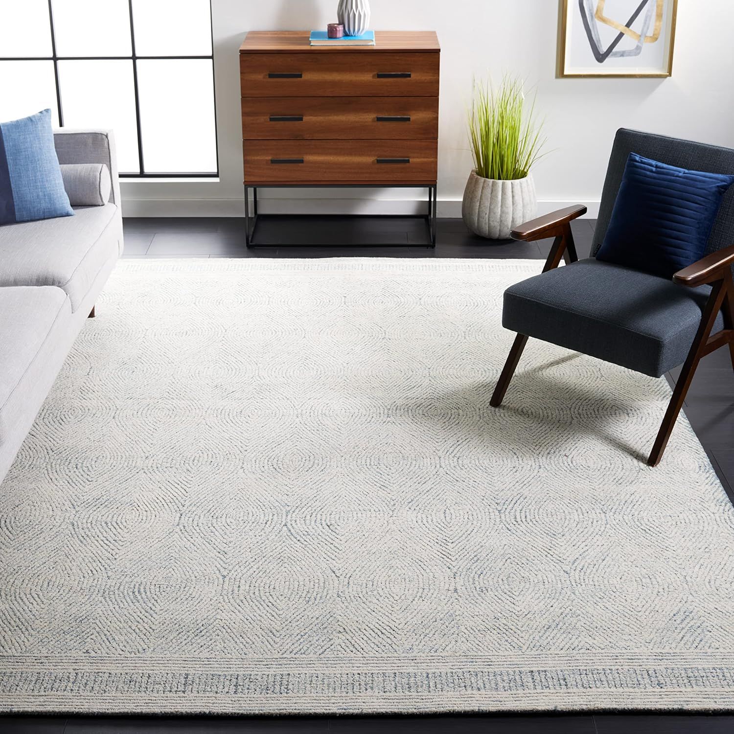 Ivory and Blue Abstract Hand-Tufted Wool Area Rug 9' x 12'