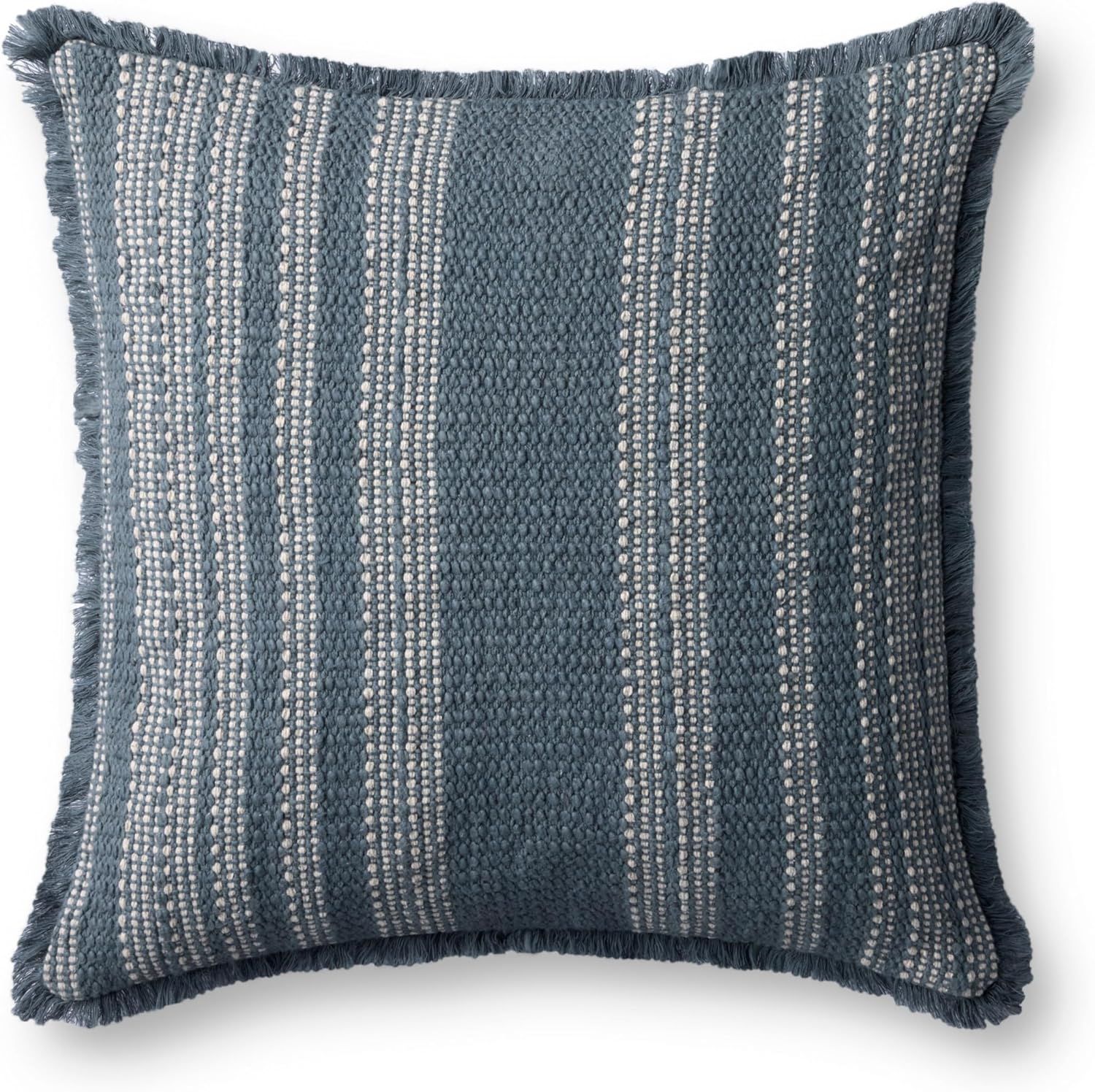 20'' Blue and Ivory Cotton Striped Throw Pillow