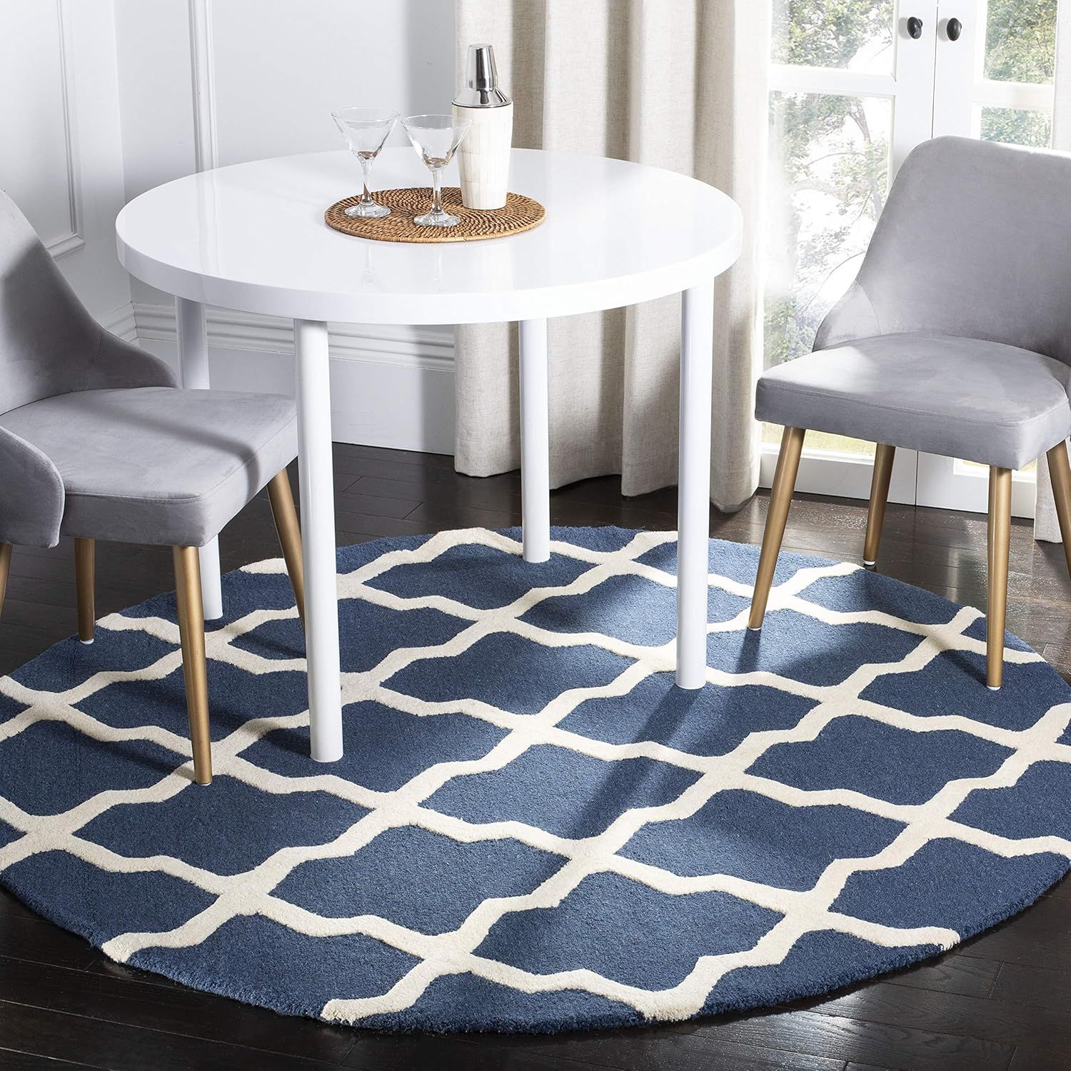 Ivory and Navy Blue Hand-Tufted Wool Round Area Rug