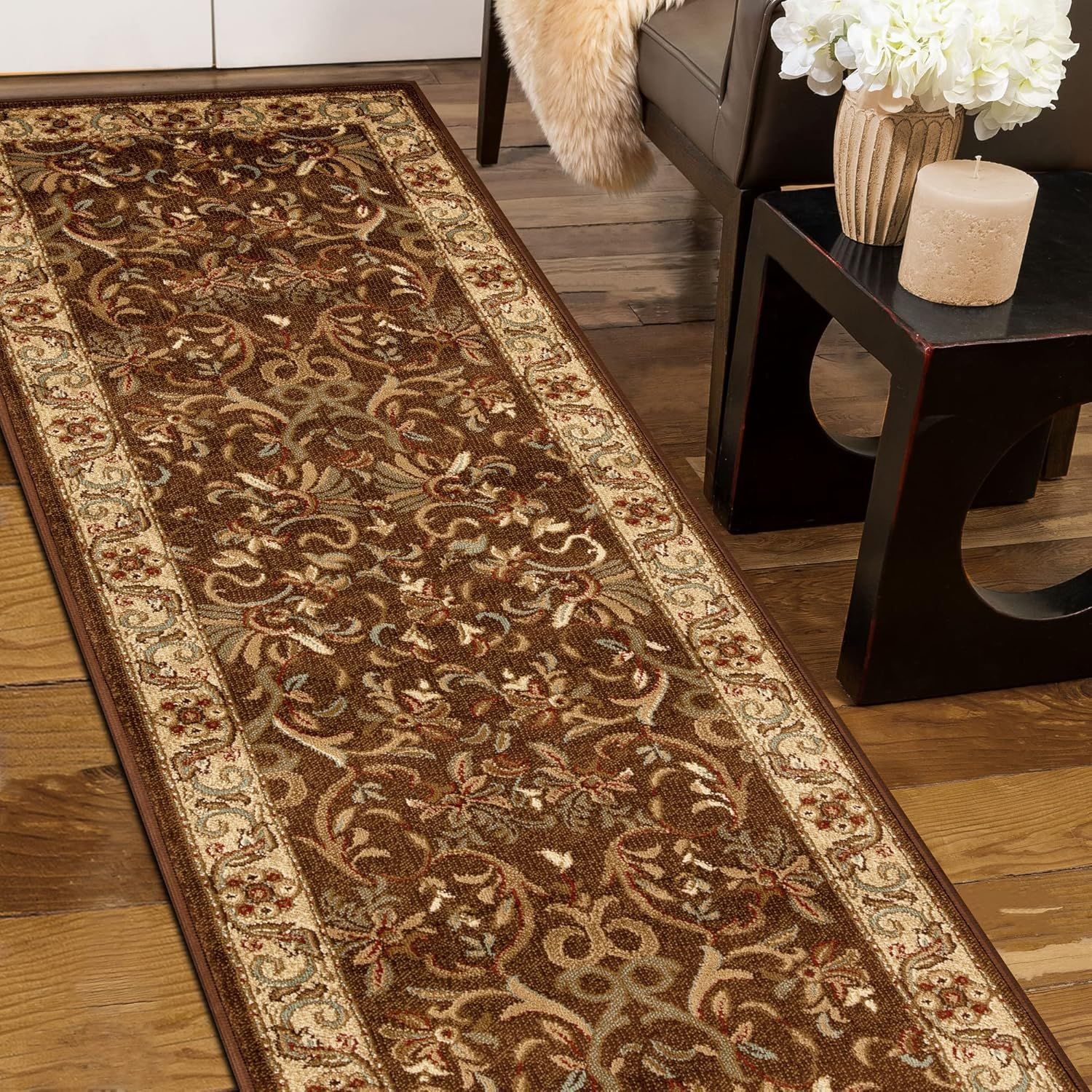 Mocha Floral Synthetic Easy Care Stain-Resistant Area Rug, 5' x 8'