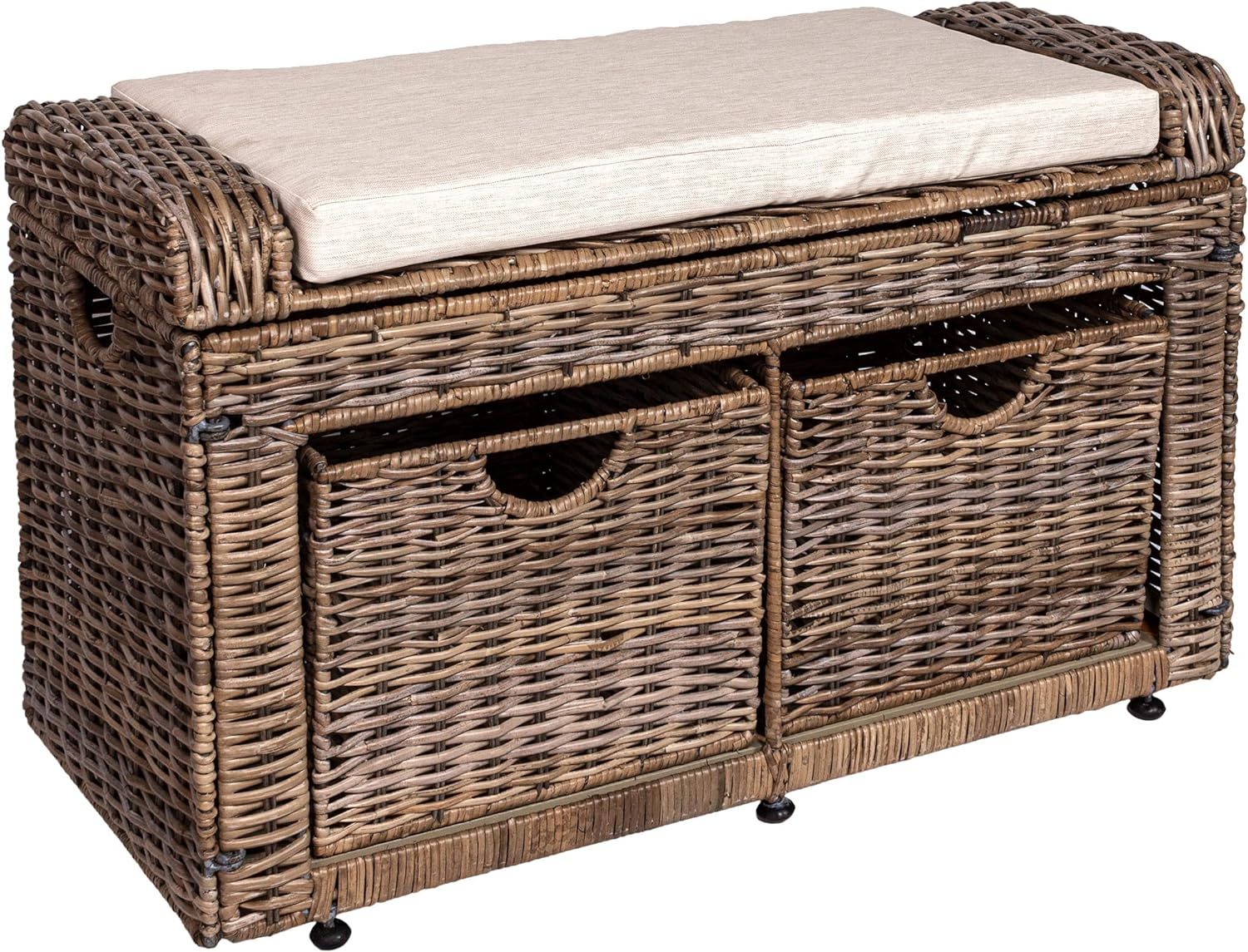 Palermo 34.5" Brown Woven Wicker Storage Bench with Cushion