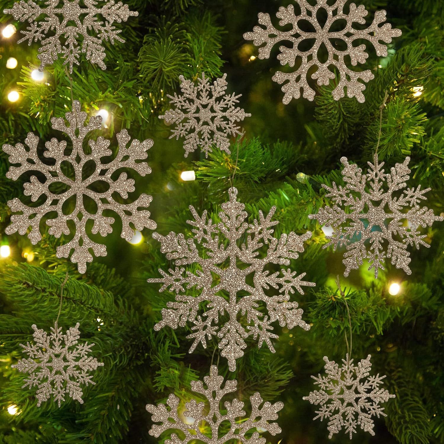 Champagne Gold Glitter Plastic Snowflake Ornaments Set