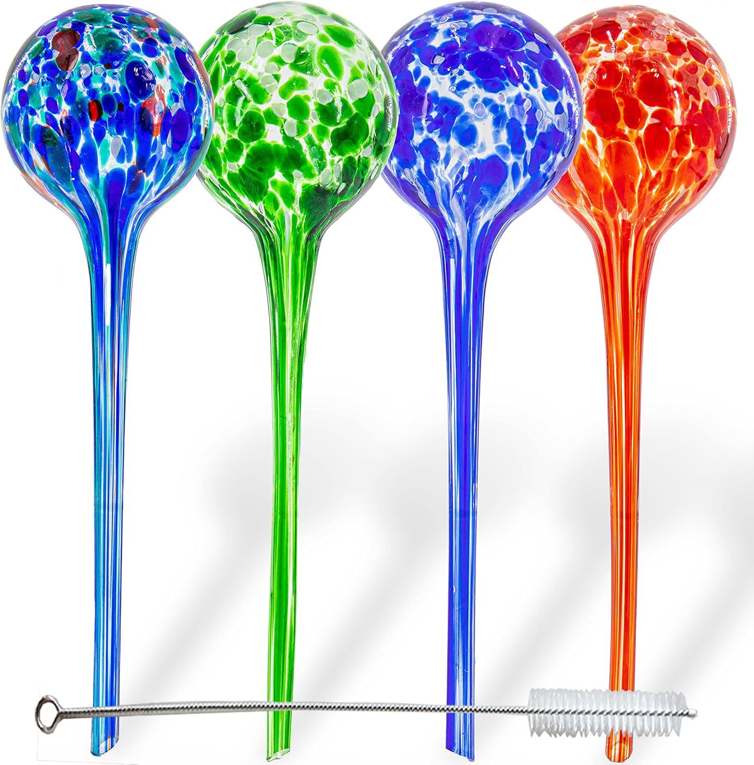 Large Multicolor Hand Blown Glass Plant Watering Globes Set