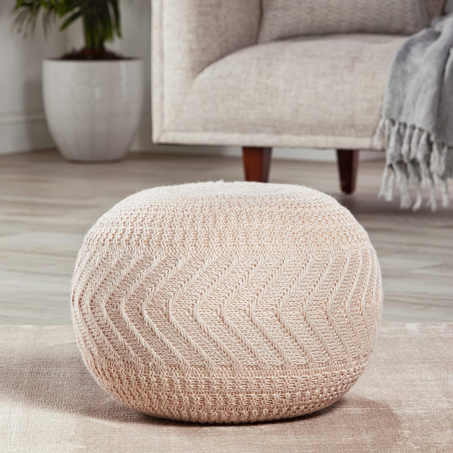 Lucille Light Blush Knit Round Pouf with Bean Filling