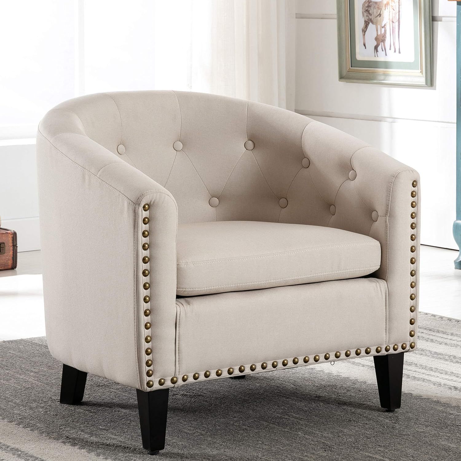 White Linen Tufted Barrel Chair with Wooden Legs