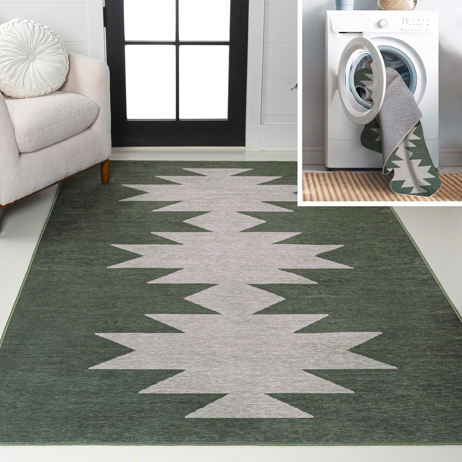 Dark Green and Light Gray Geometric Washable 4' x 6' Area Rug