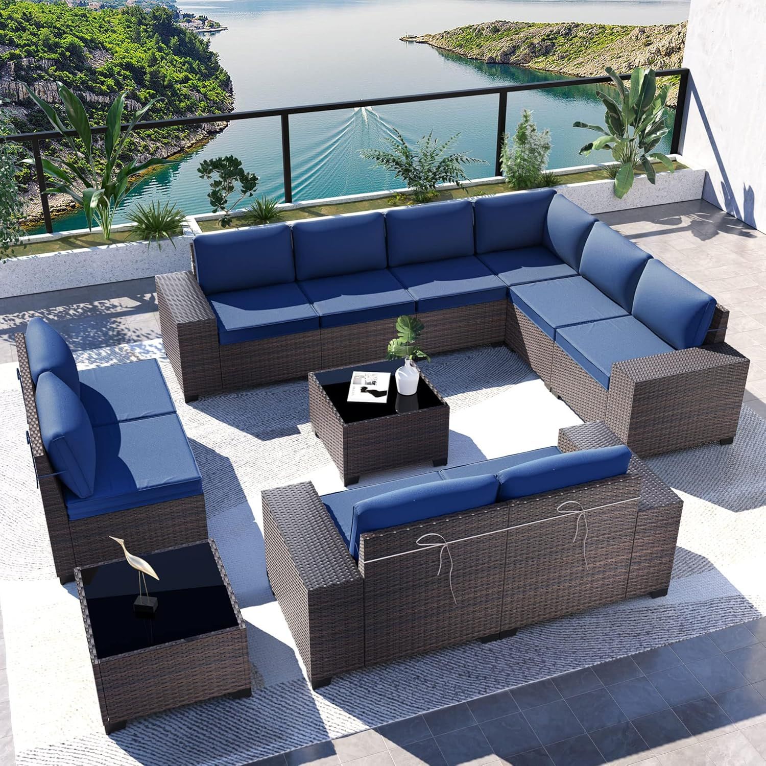 Navy Blue 12-Piece Steel and Rattan Outdoor Sectional Set