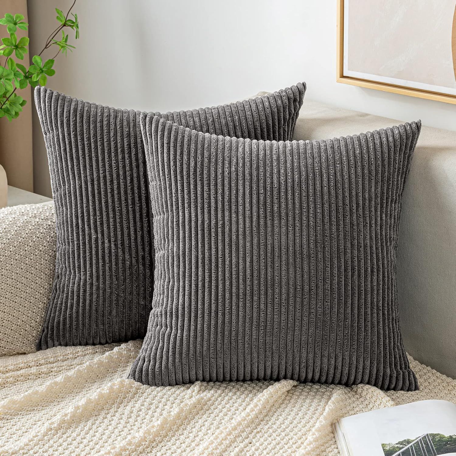 Dark Gray Corduroy Stripe Euro Pillow Covers, 18x18 Inch, Set of 2