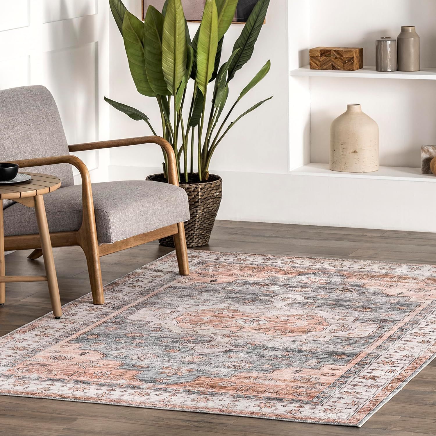 Light Orange and Gray 4' x 6' Washable Oriental Rug