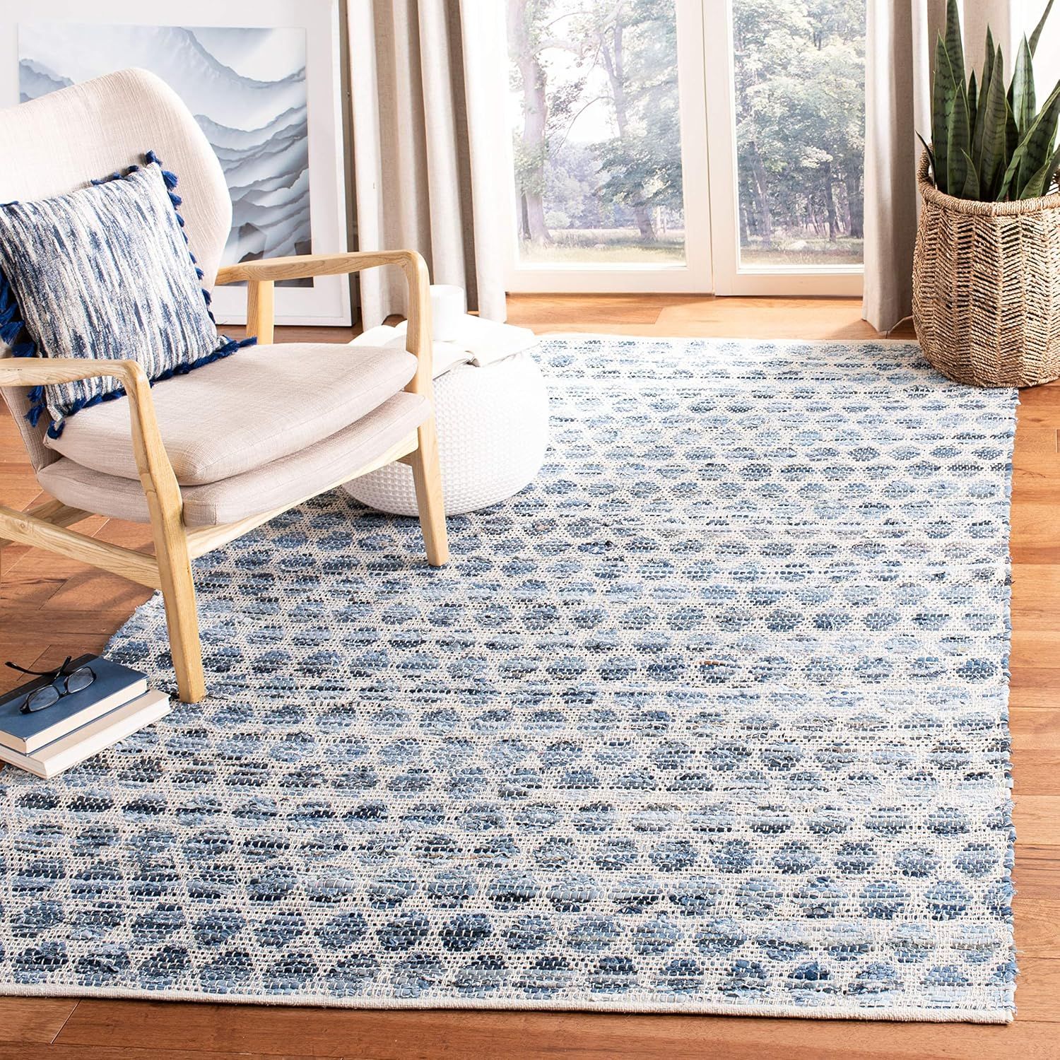 Coastal Blue Cotton & Synthetic 95" Round Handwoven Rug