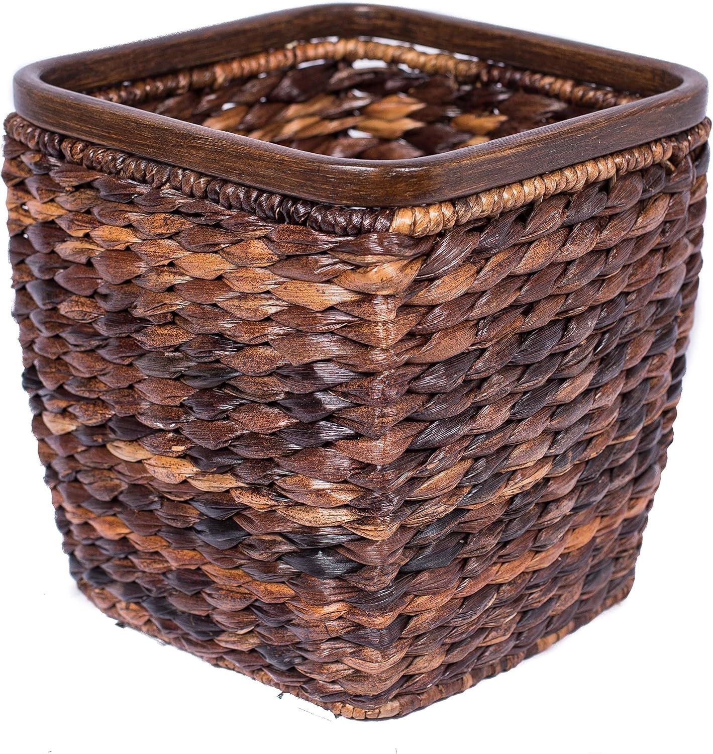 Espresso Seagrass Woven Office Wastebasket with Wooden Base