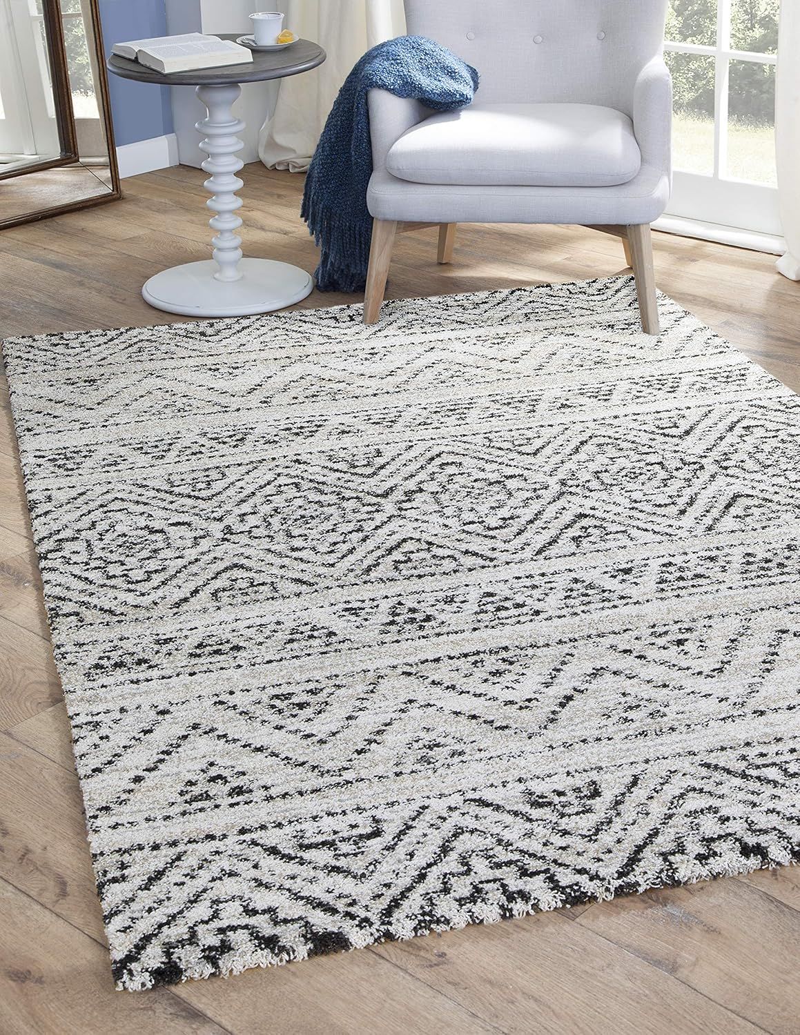 Ivory and Black Geometric Wool Chenille 8' x 10' Area Rug