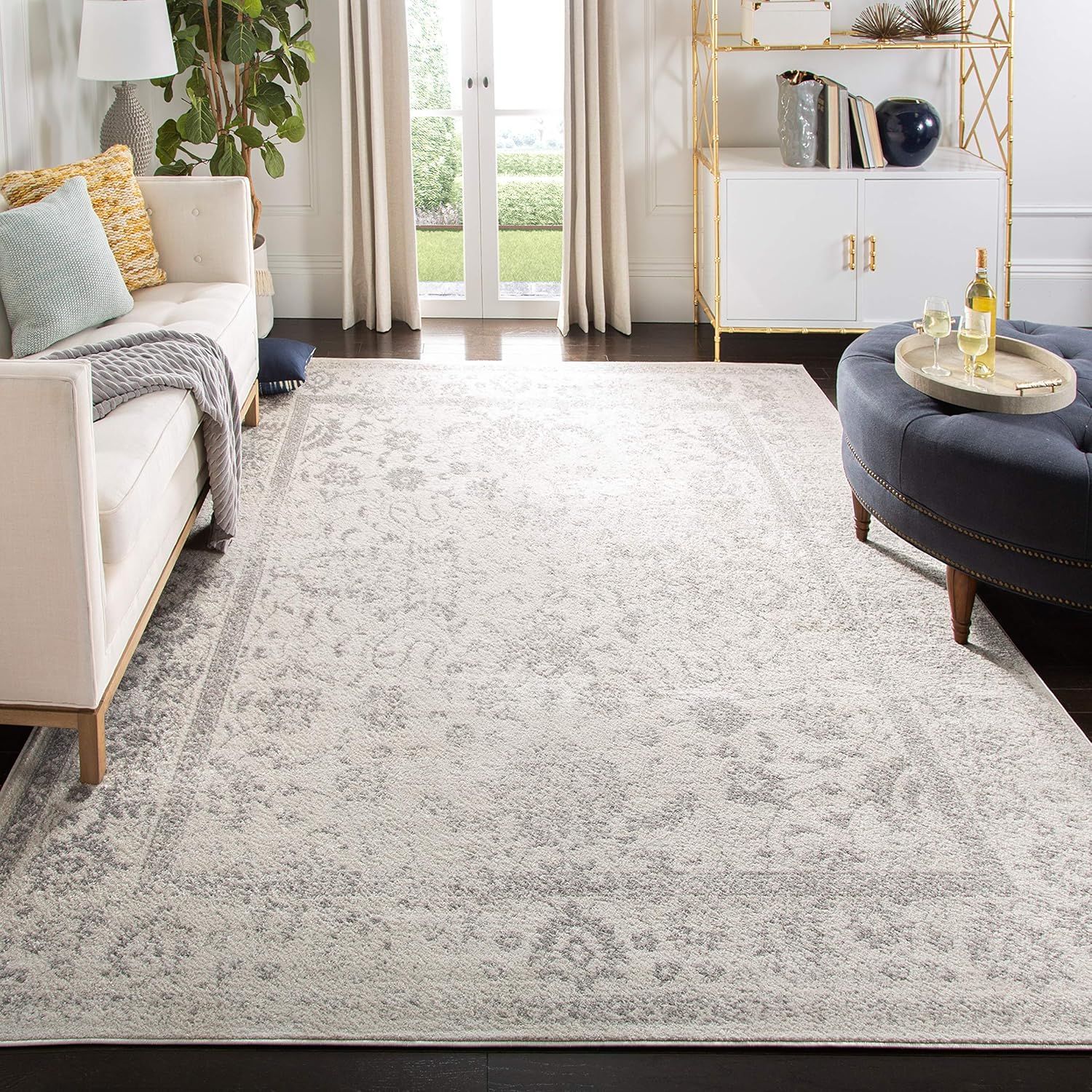 Ivory and Silver Square Oriental Synthetic Area Rug