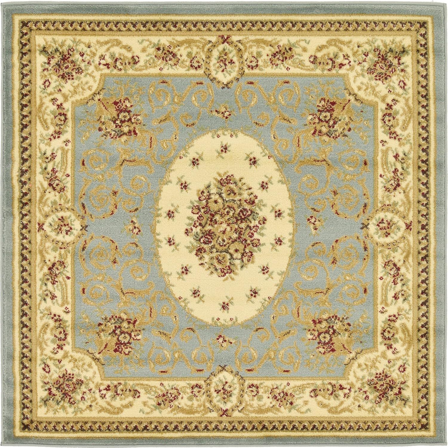 Light Blue Medallion Square Synthetic Easy-Care Area Rug