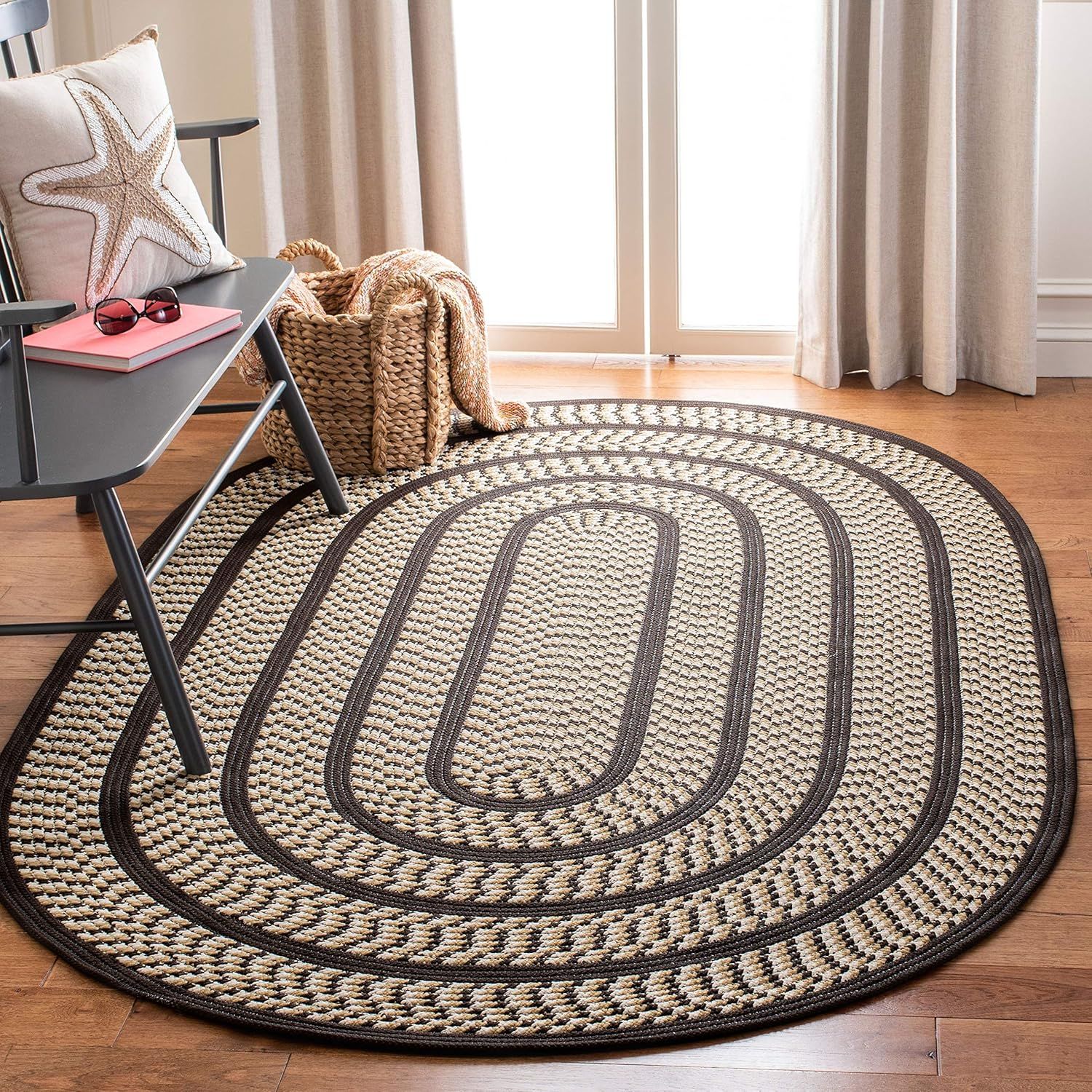 Handmade Ivory & Dark Brown Braided Oval 8' x 10' Synthetic Rug