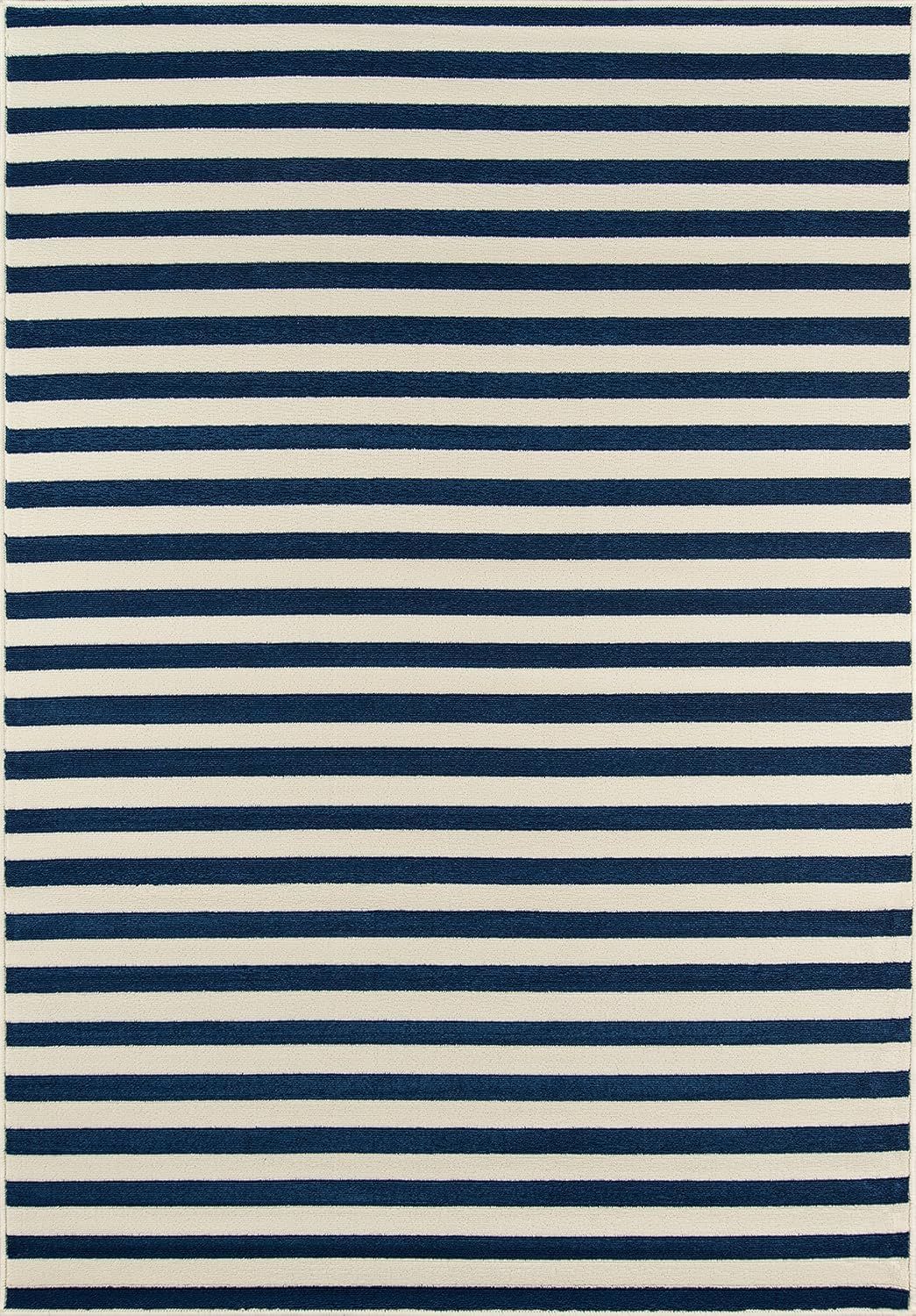 Navy and White Striped Reversible Synthetic Rectangular Rug 5'3" x 7'6"