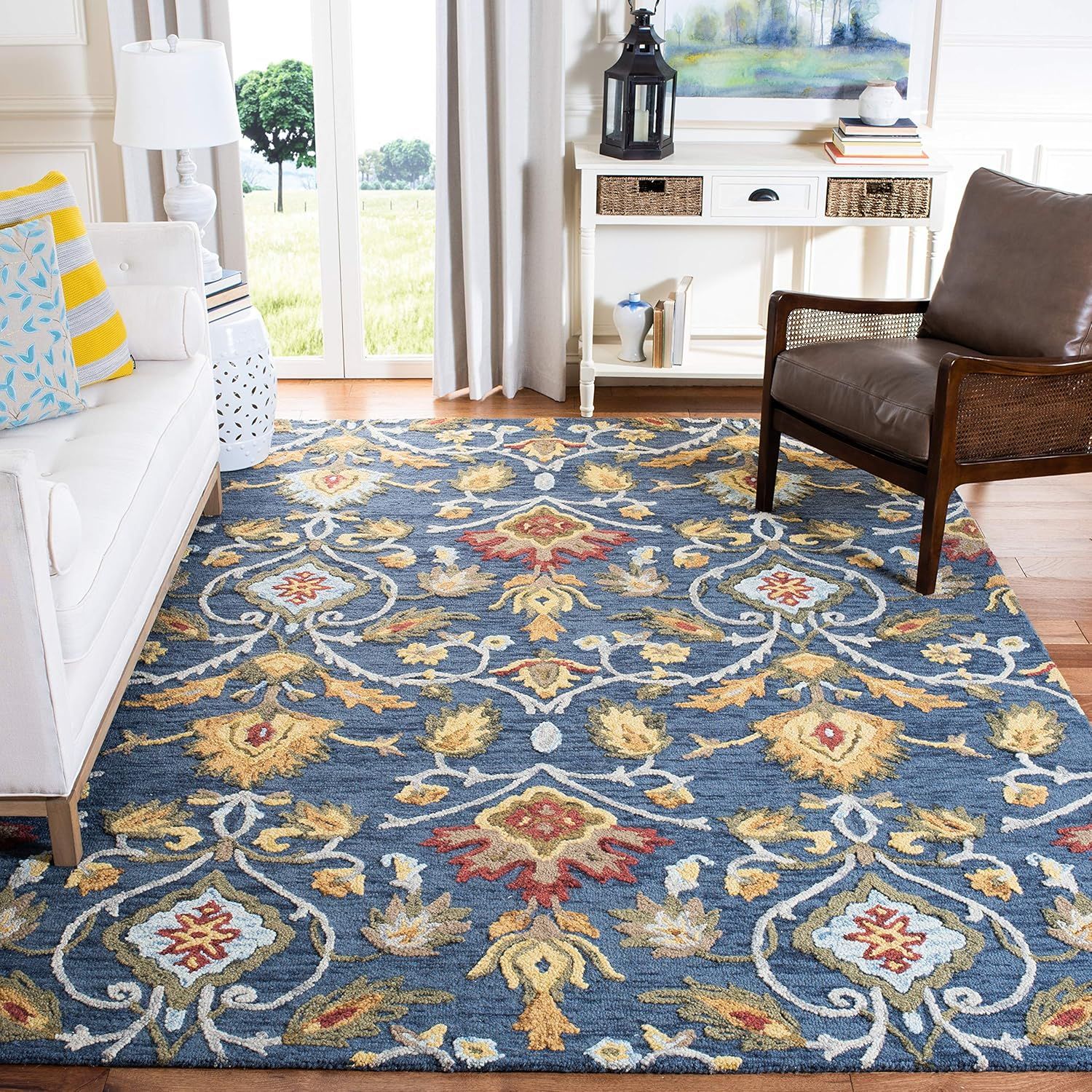 Handmade Tufted Wool Square Rug in Navy & Multi - 59"