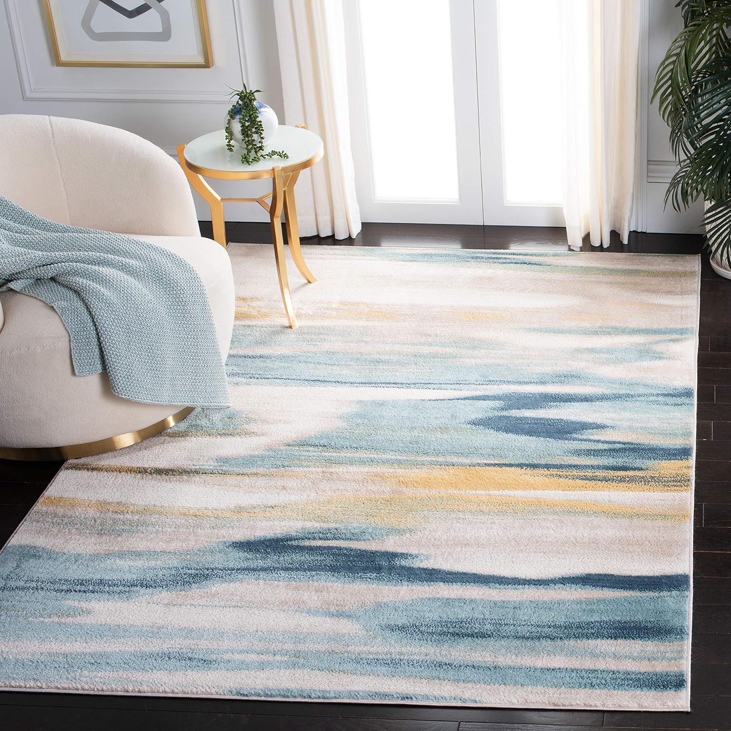 Beige and Navy Abstract Stain-Resistant Synthetic Rug, 4'-5" x 6'-5"