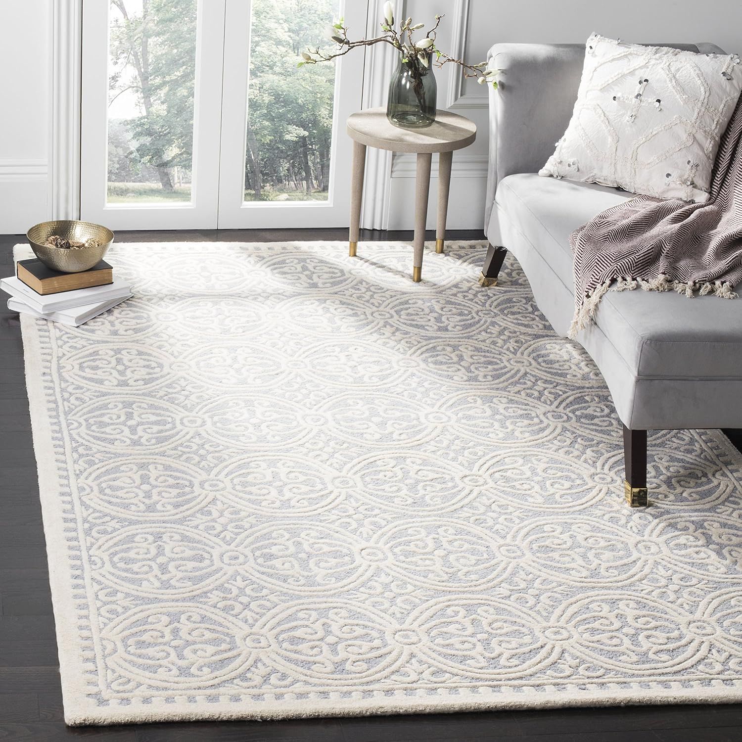 Ivory and Silver Geometric Hand-Tufted Wool Area Rug, 5' x 8'