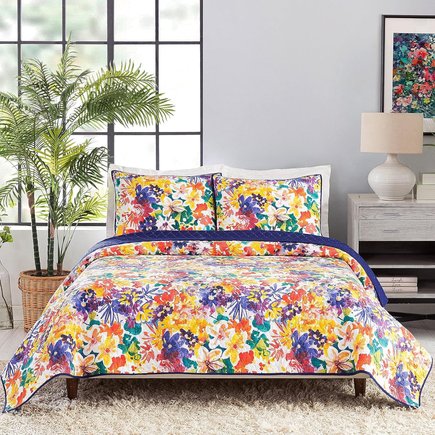 King Purple Cotton Reversible Floral Quilt Set