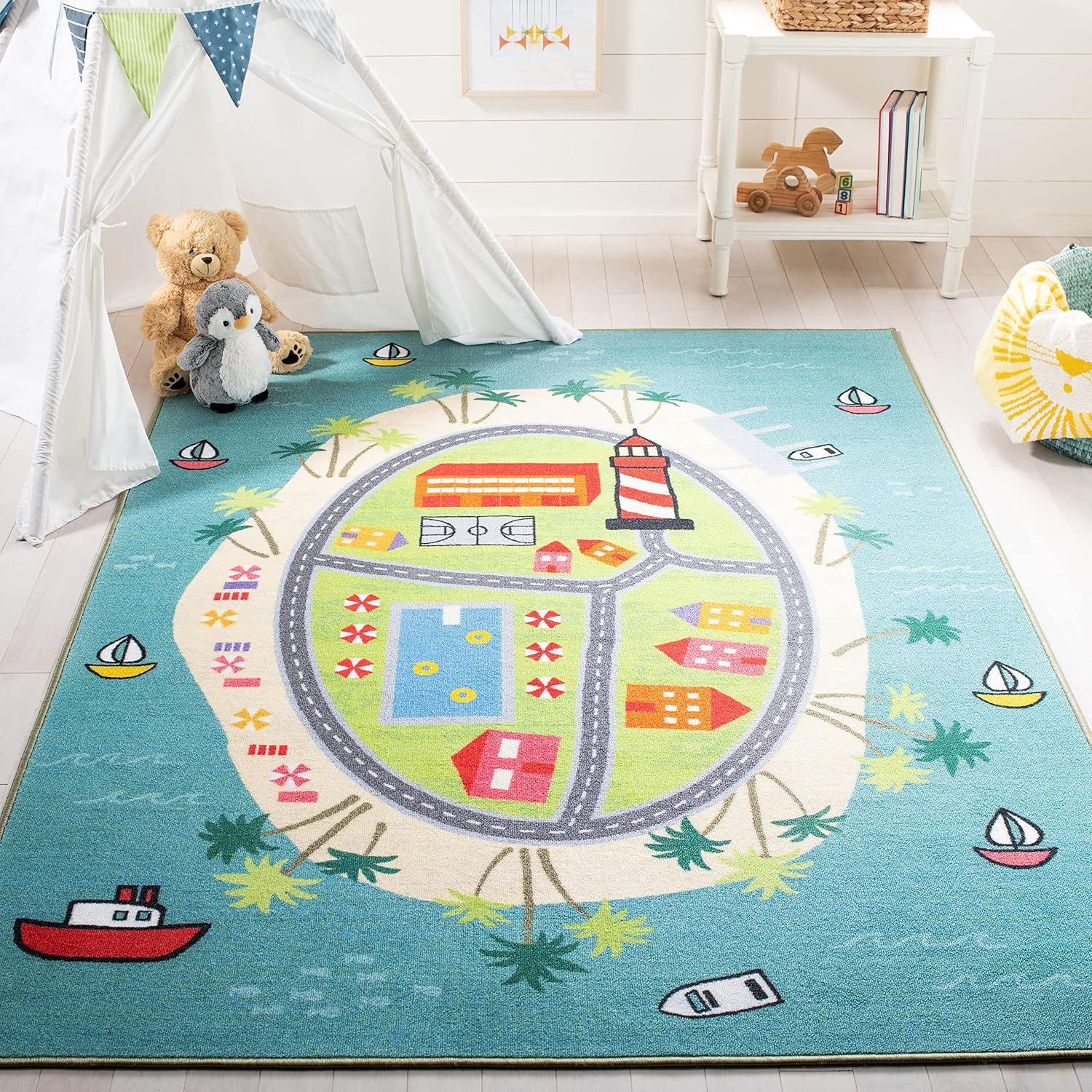 Blue Geometric Kids' Washable Non-Slip Rectangular Rug