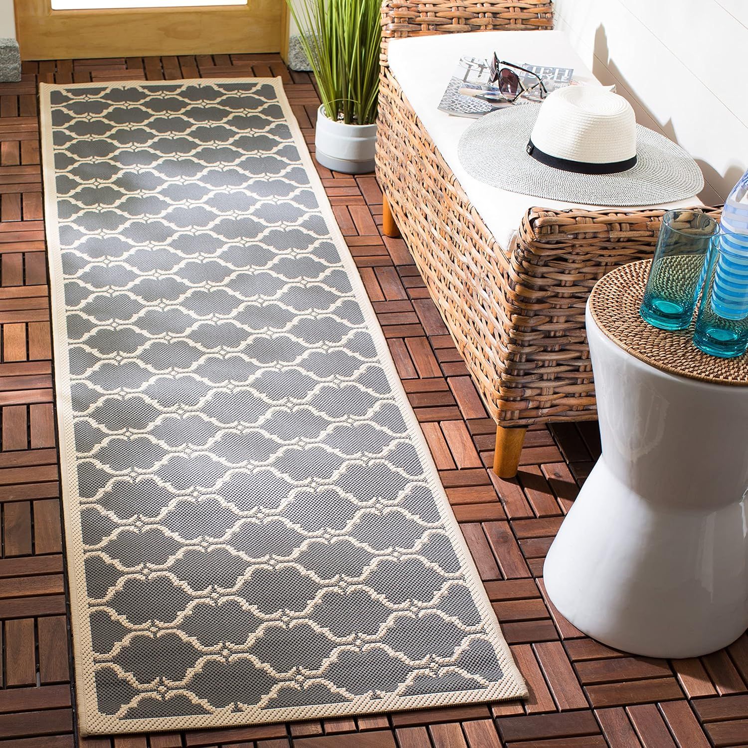 Gray and Beige Trellis Outdoor Runner Rug