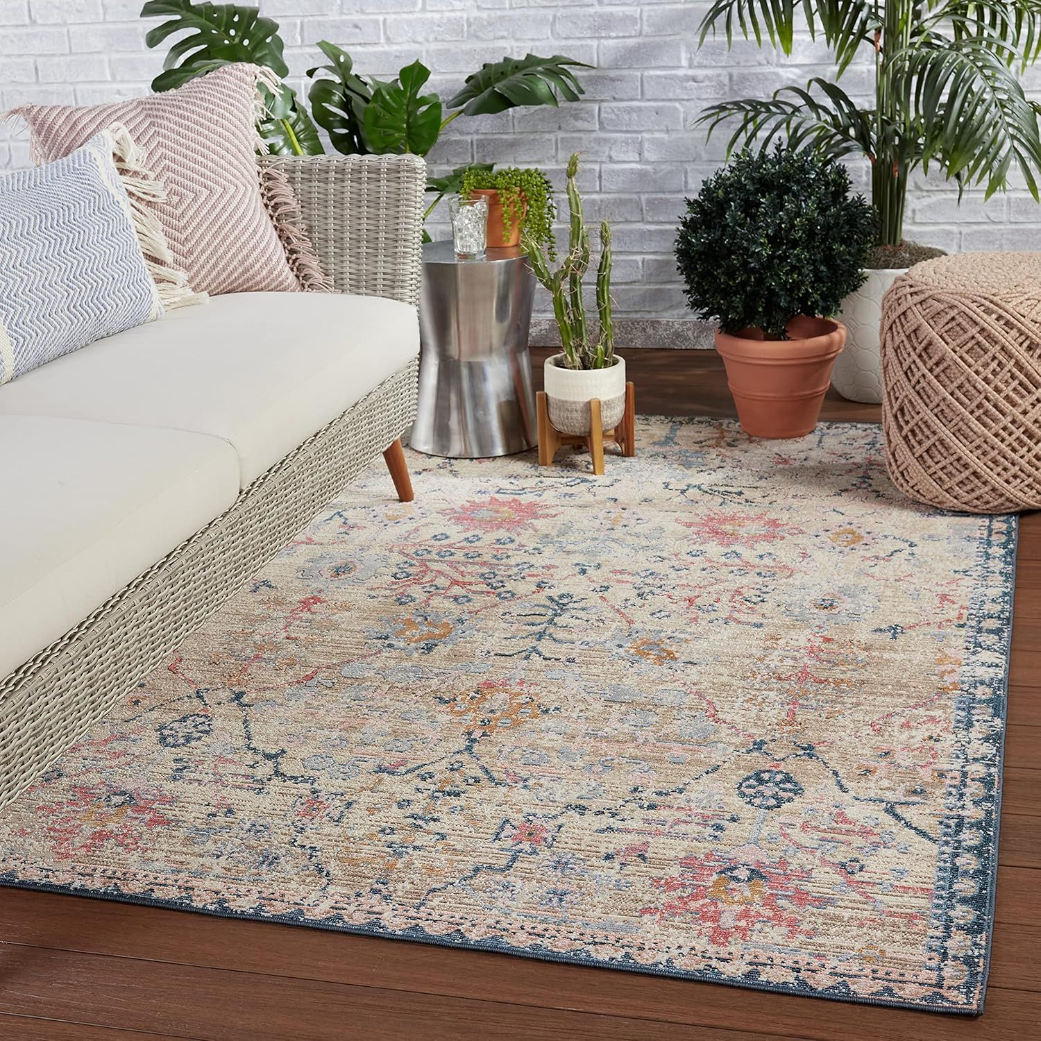 Tan and Blue Synthetic 8' x 10' Rectangular Area Rug