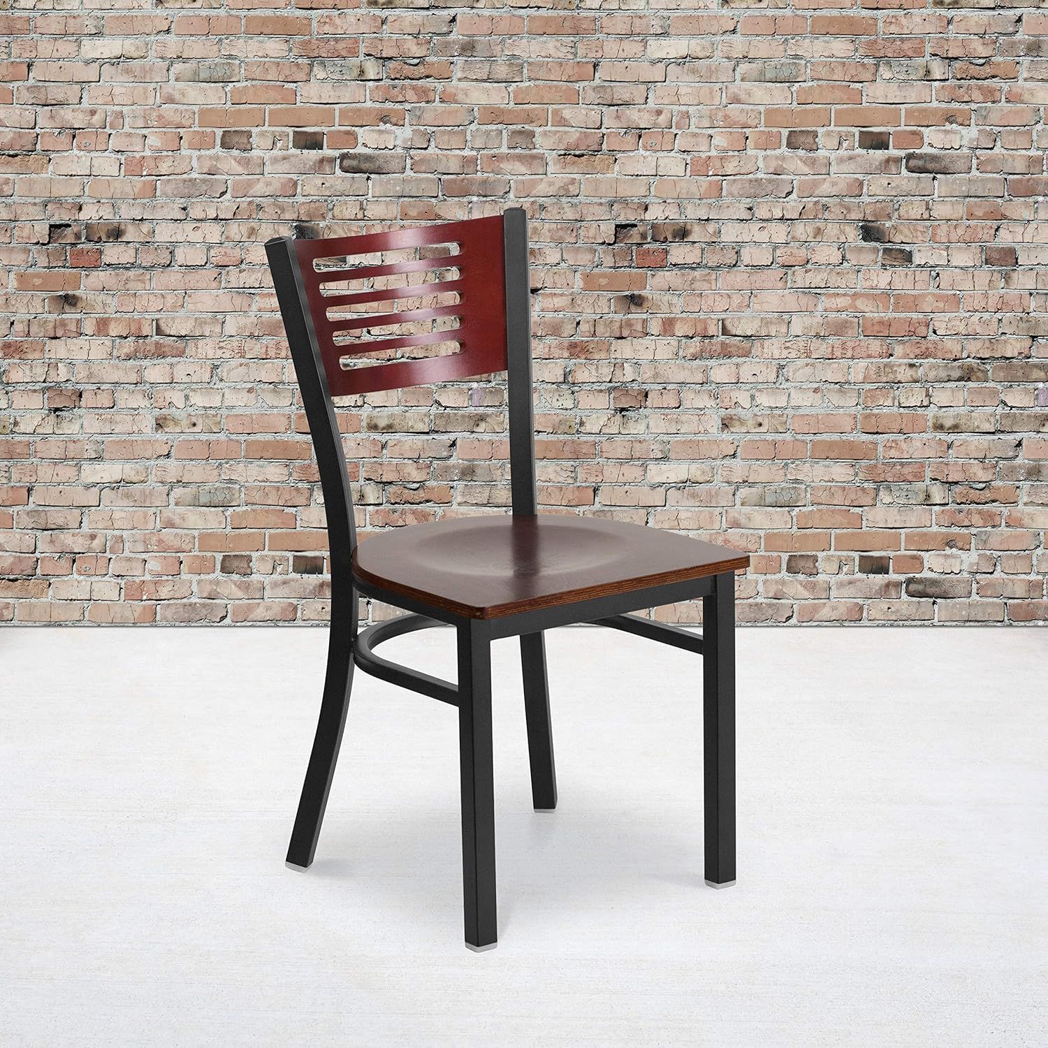 High Back Black Steel and Mahogany Wood Slat Side Chair