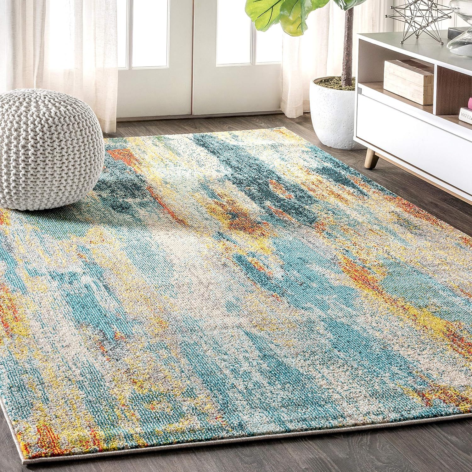 Blue Cream Yellow Abstract Rectangular Synthetic Area Rug
