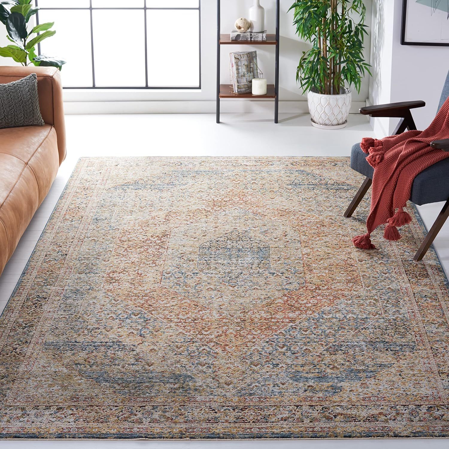 Blue and Rust Synthetic 9' x 12' Vintage Area Rug