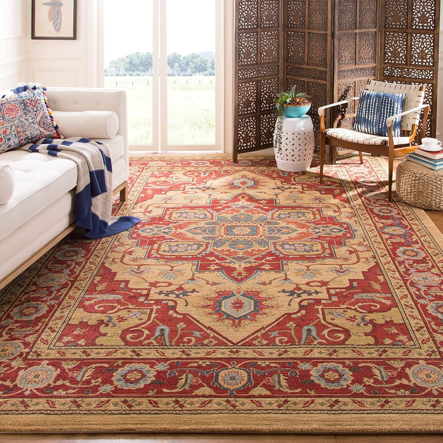 Mahal Red and Natural 9' x 12' Synthetic Area Rug