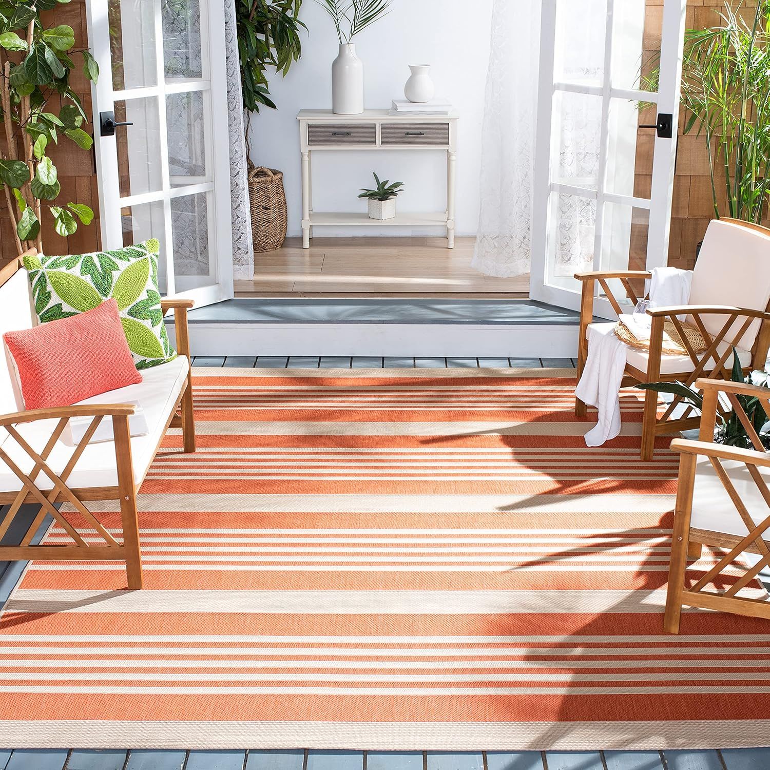 Terracotta & Beige Stripe 5' x 7' Easy-Care Synthetic Area Rug