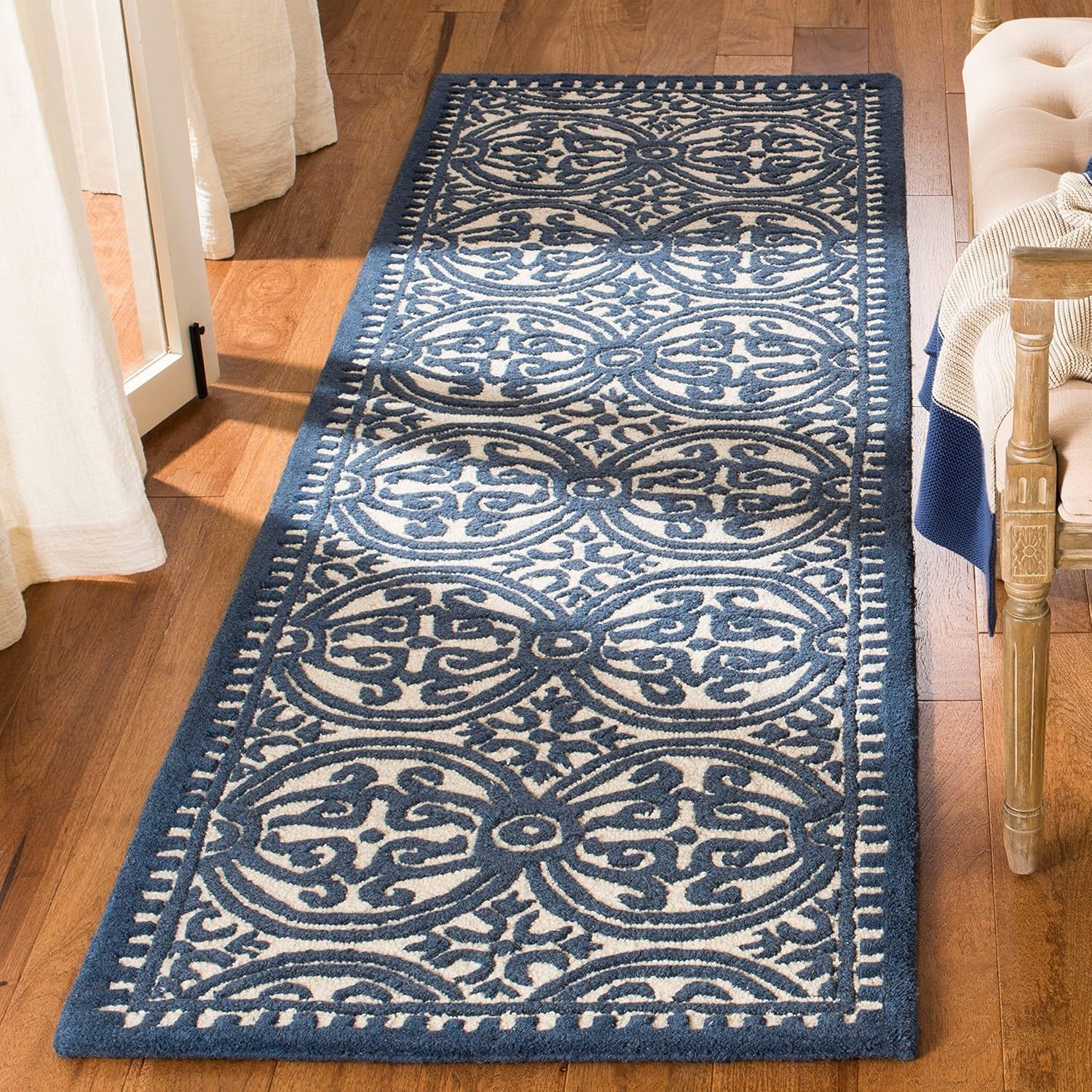 Ivory and Navy Handmade Wool Runner Rug