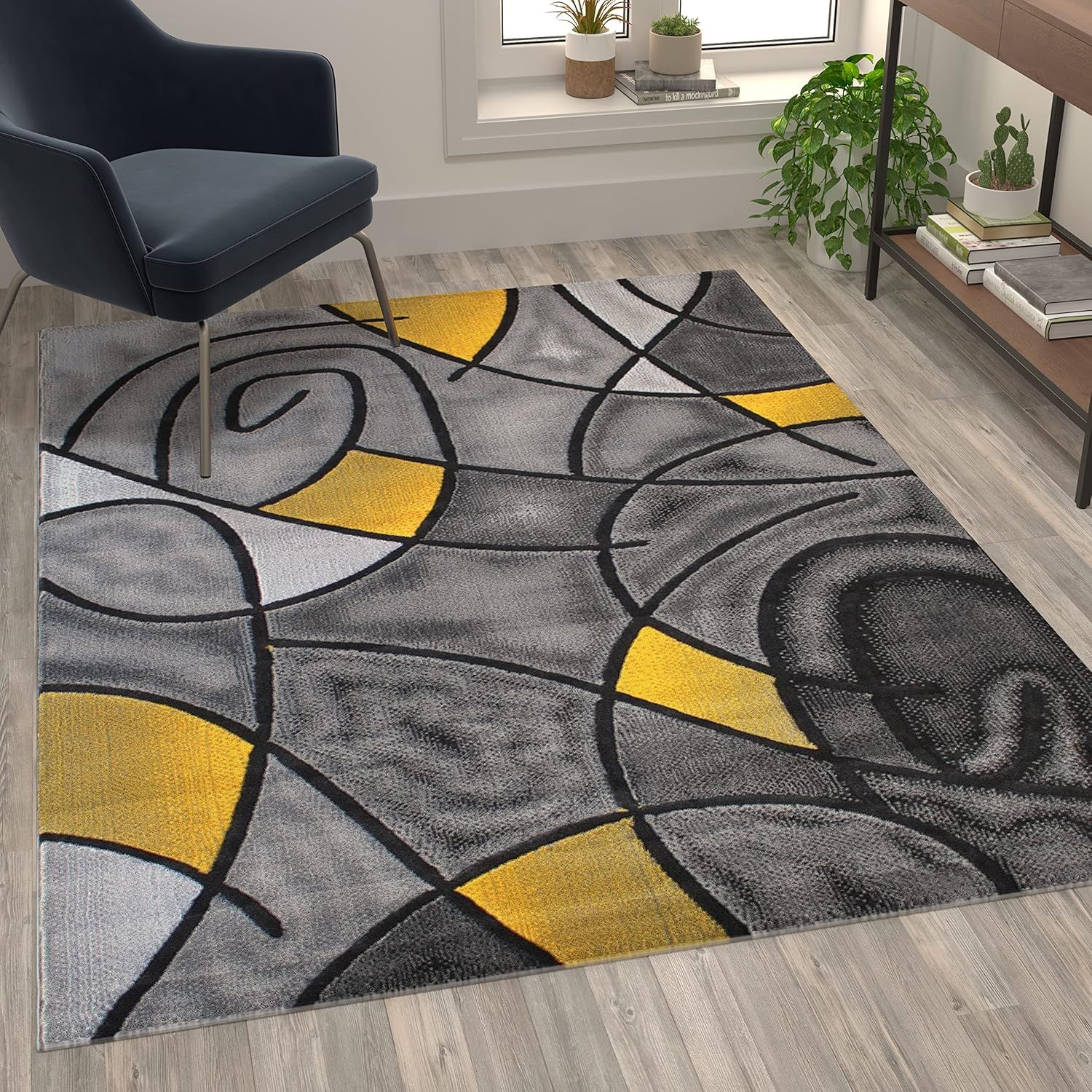 Reversible Abstract Yellow Synthetic 5' x 7' Area Rug