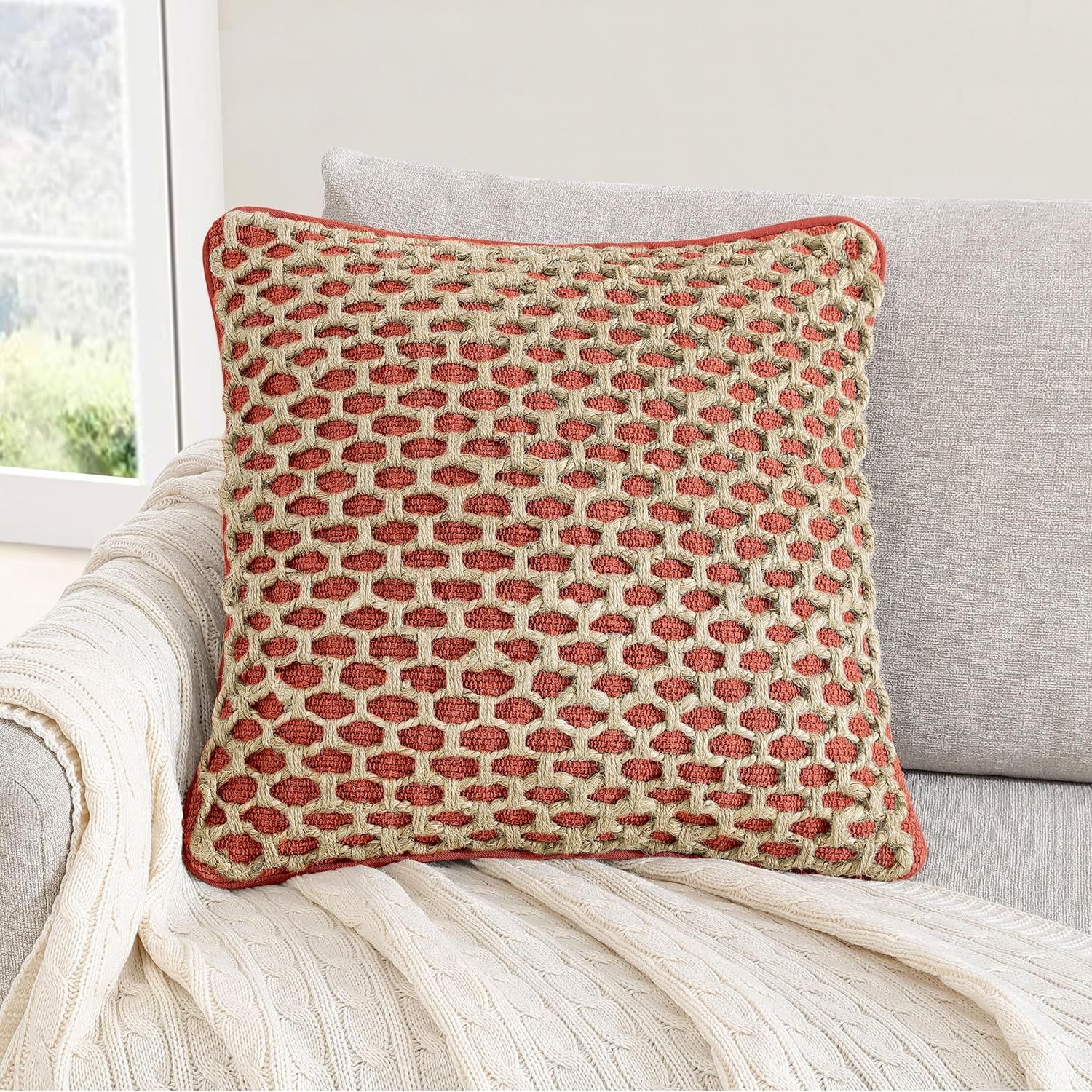 Boho Living Jada Premium Woven Design, Living Room Décor, Decorative Throw, (1) 20" x 20" Pillow Cover with Insert, Rust