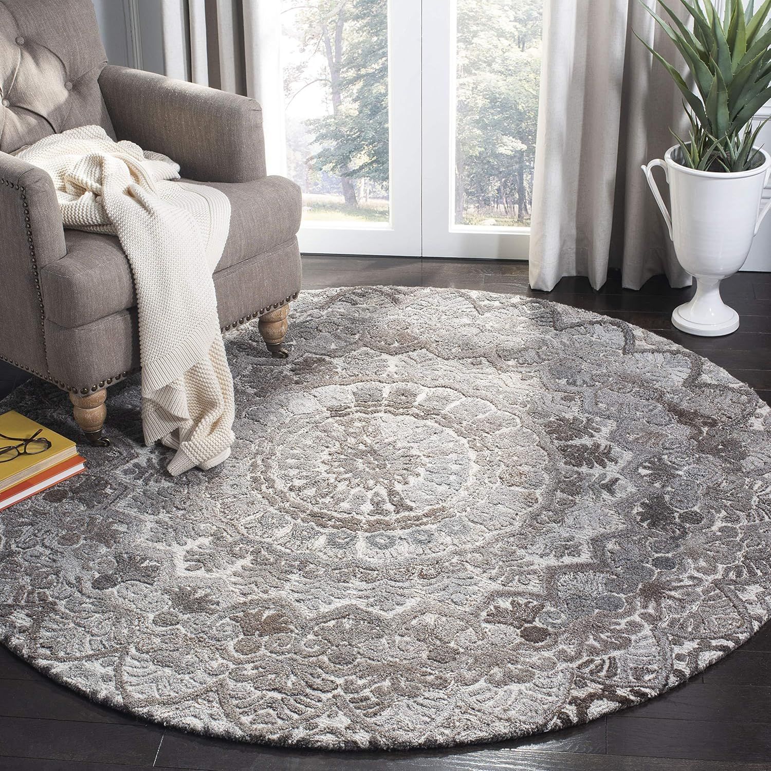 Handmade Grey and Ivory Round Tufted Wool Area Rug
