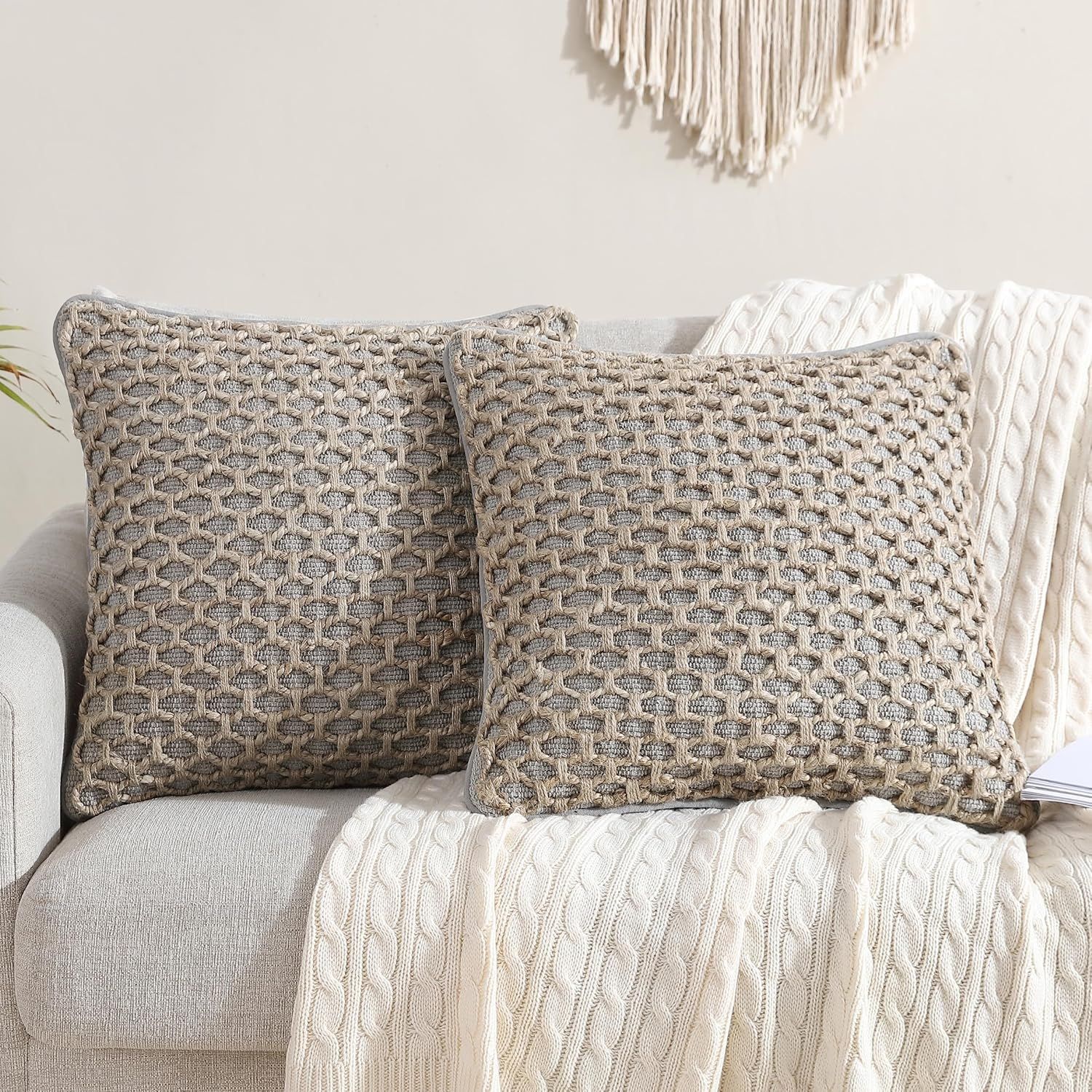 Boho Gray and Beige Cotton Jute Textured Throw Pillow Set