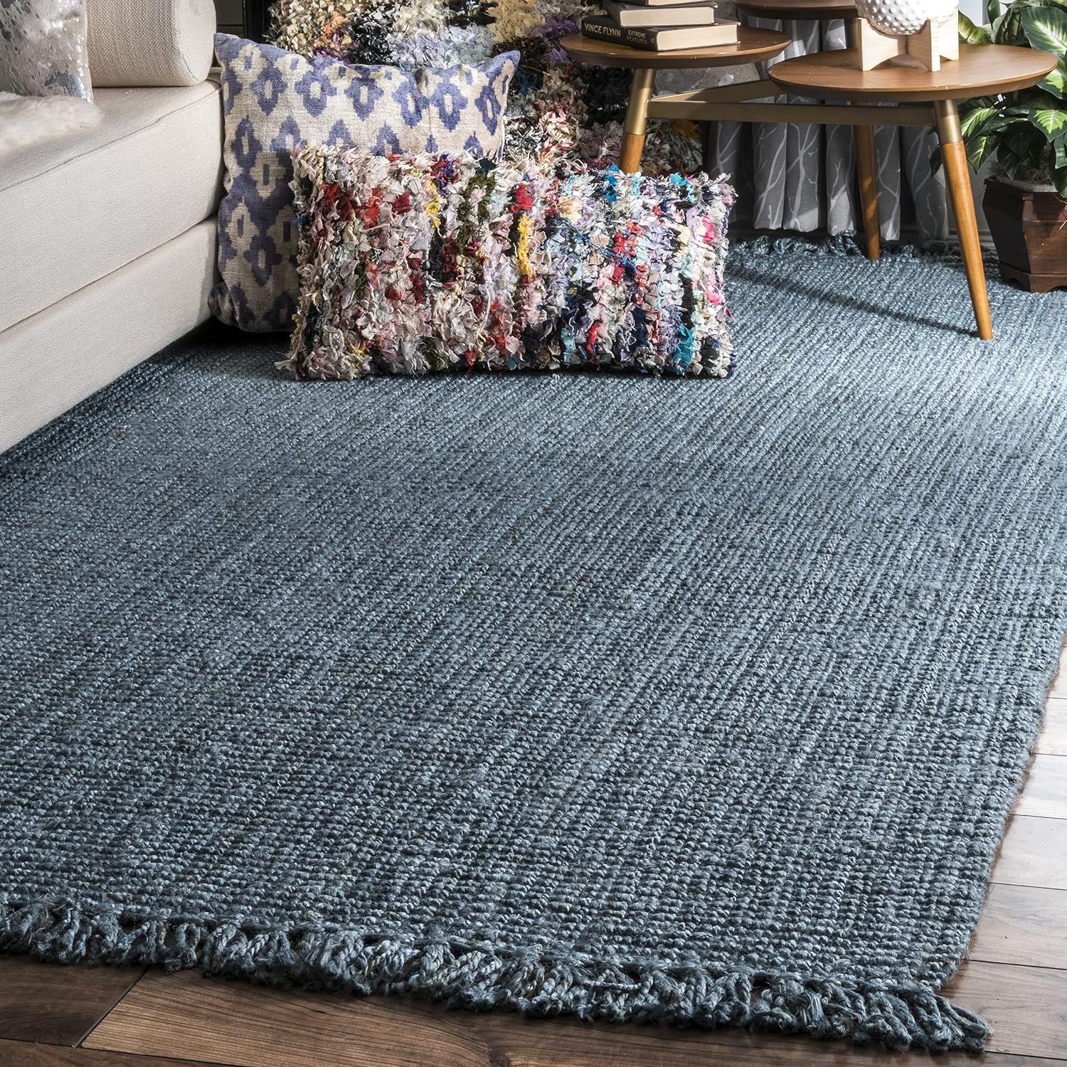 Handmade Blue Wool Braided Reversible Rug, 38" x 7"