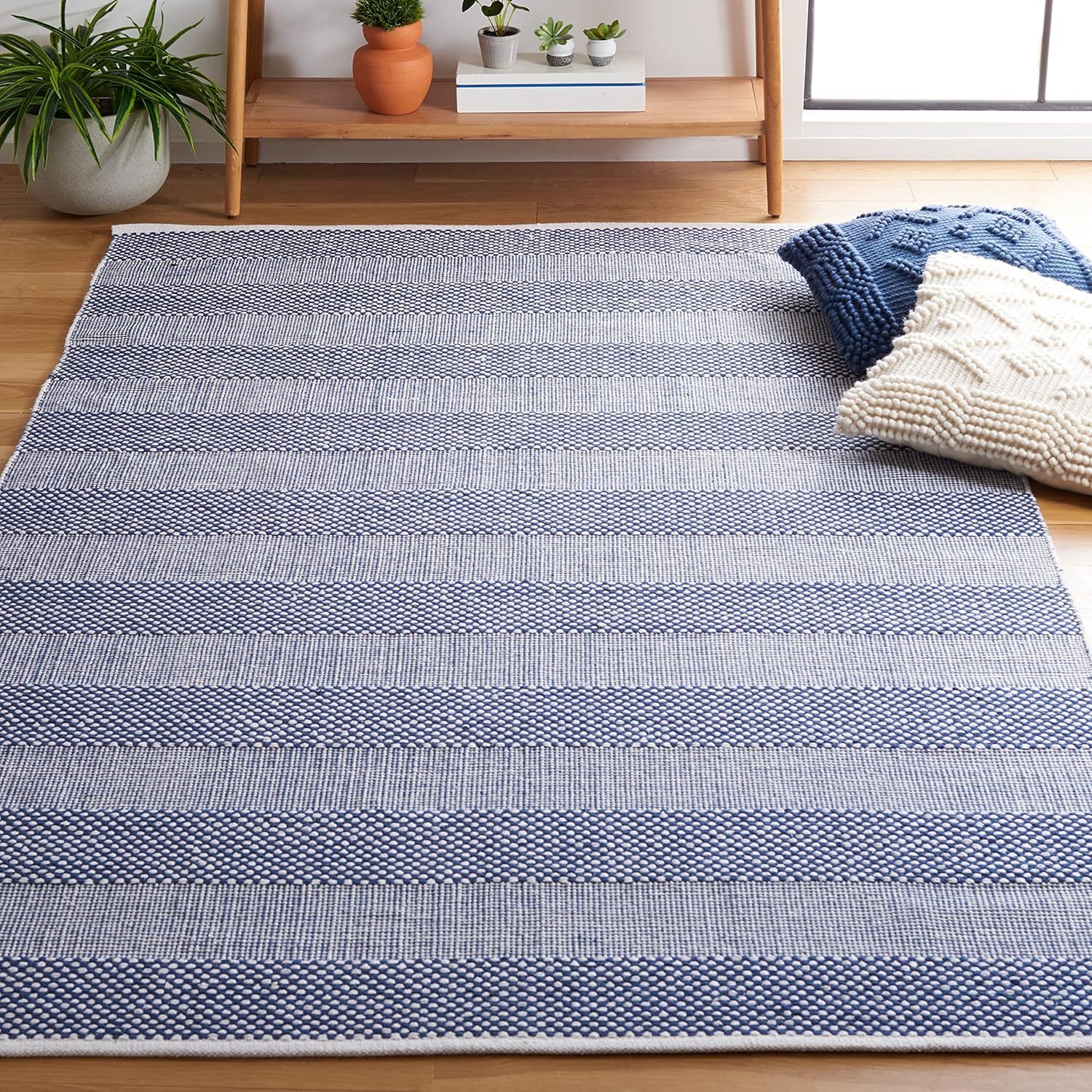 Ivory & Blue Handmade Wool-Cotton 6'x9' Striped Kilim Area Rug