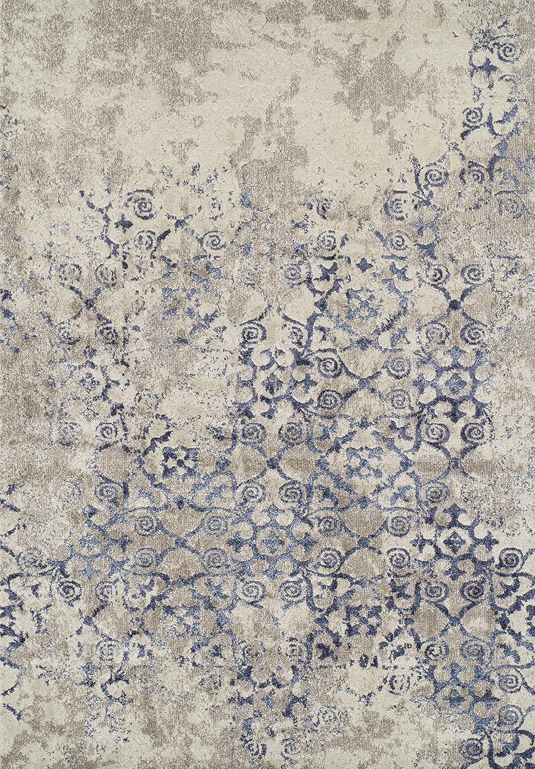 Antigua Linen and Blue Rectangular Stain-Resistant Rug
