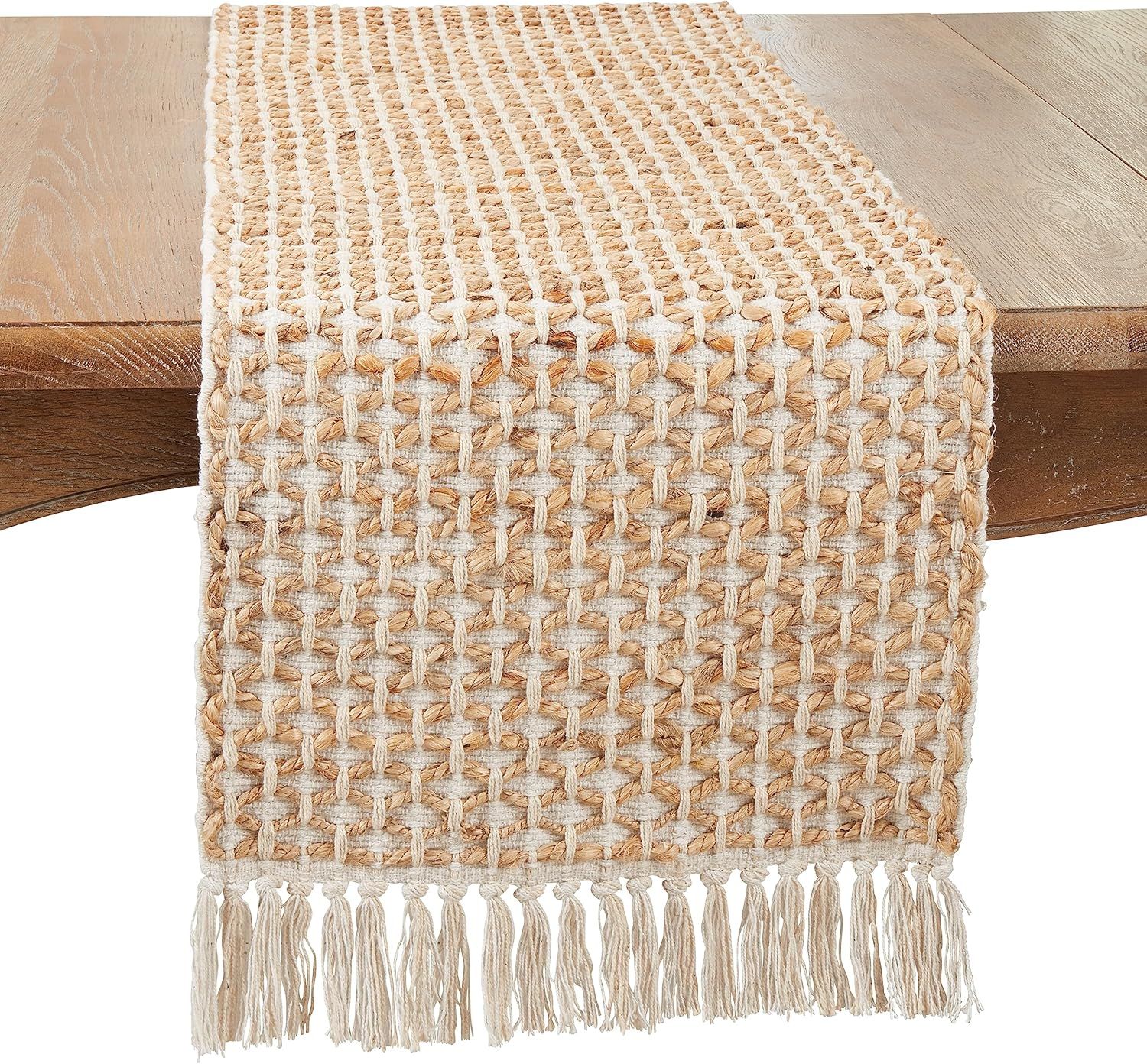 Ivory and Natural Jute Rope Table Runner with Fringe