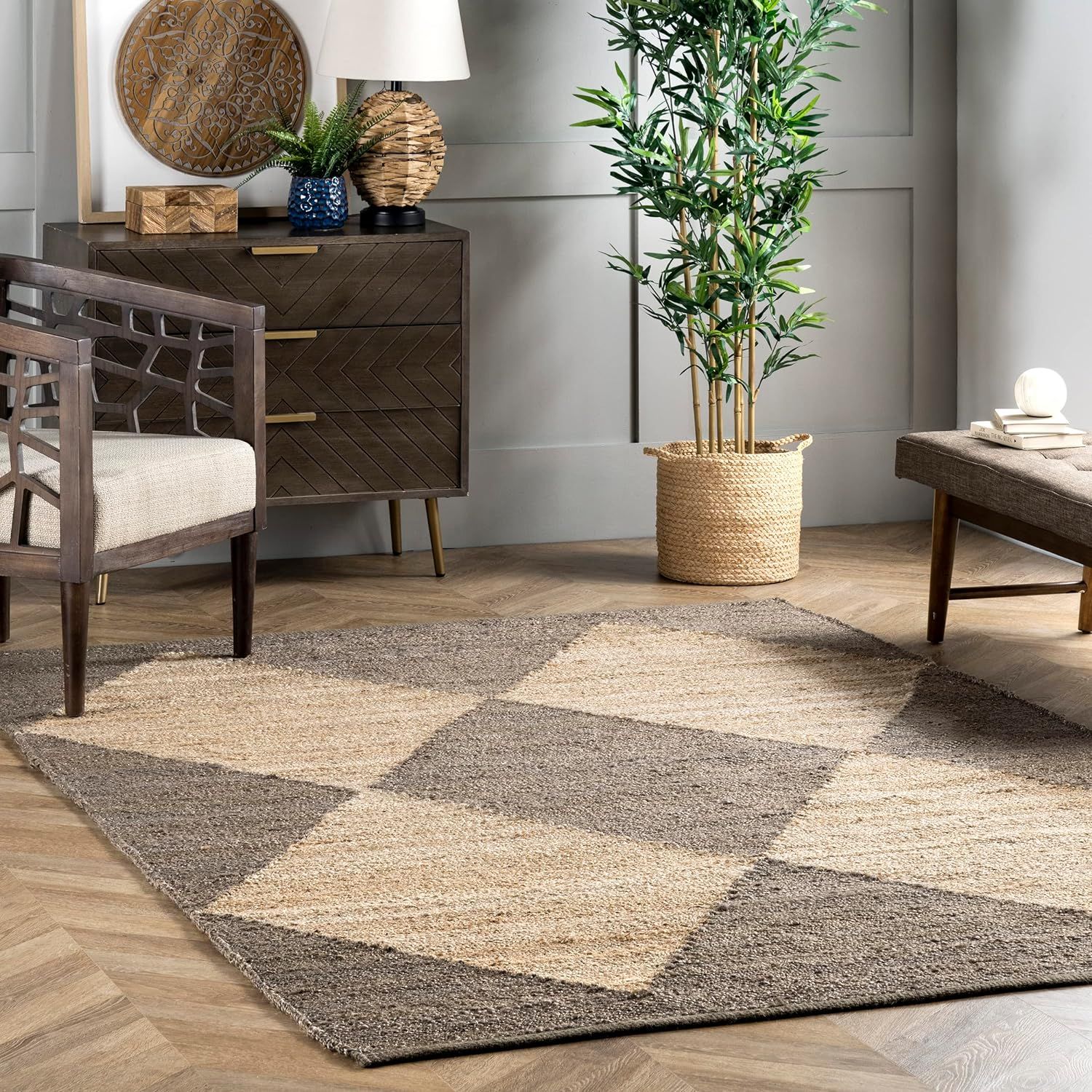 Handcrafted Gray Cotton-Jute Blend Rectangular Rug, 64in