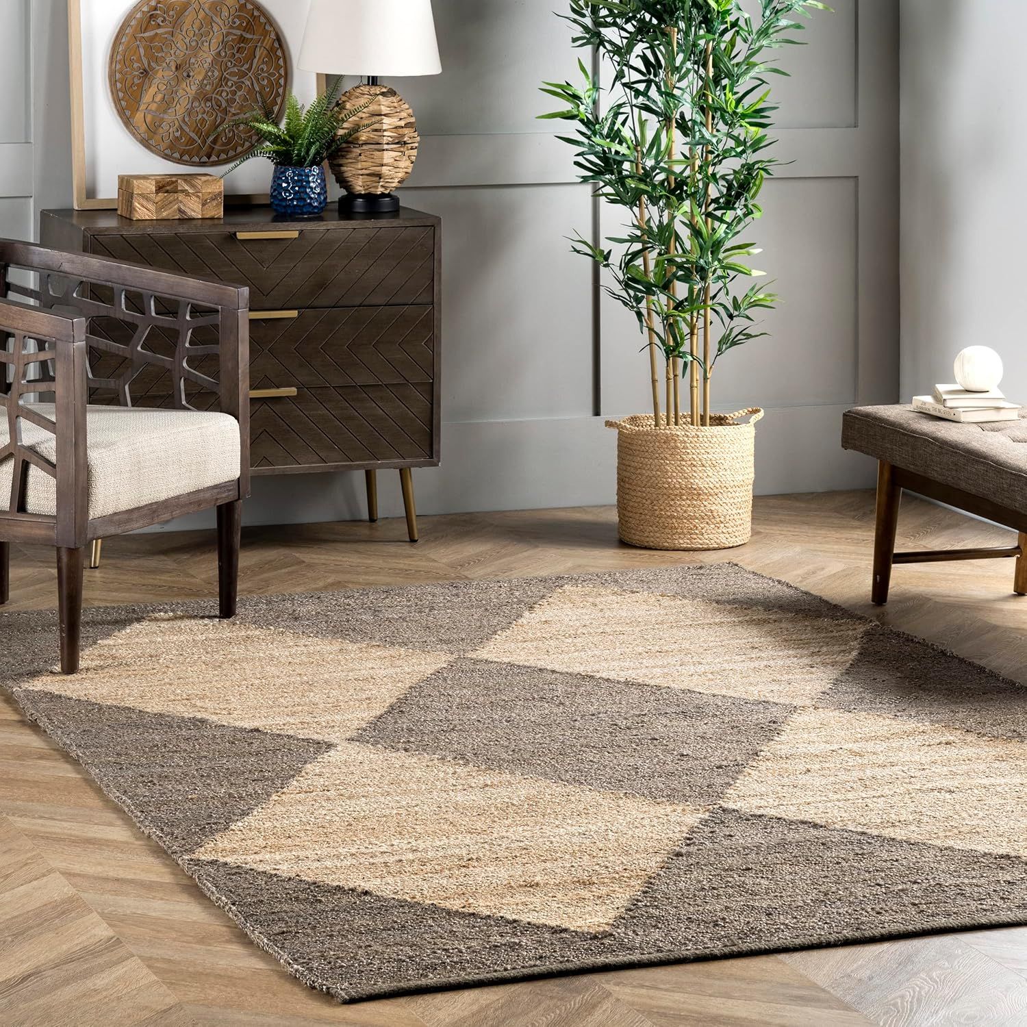 Handcrafted Gray Cotton-Jute Blend Rectangular Rug, 64in