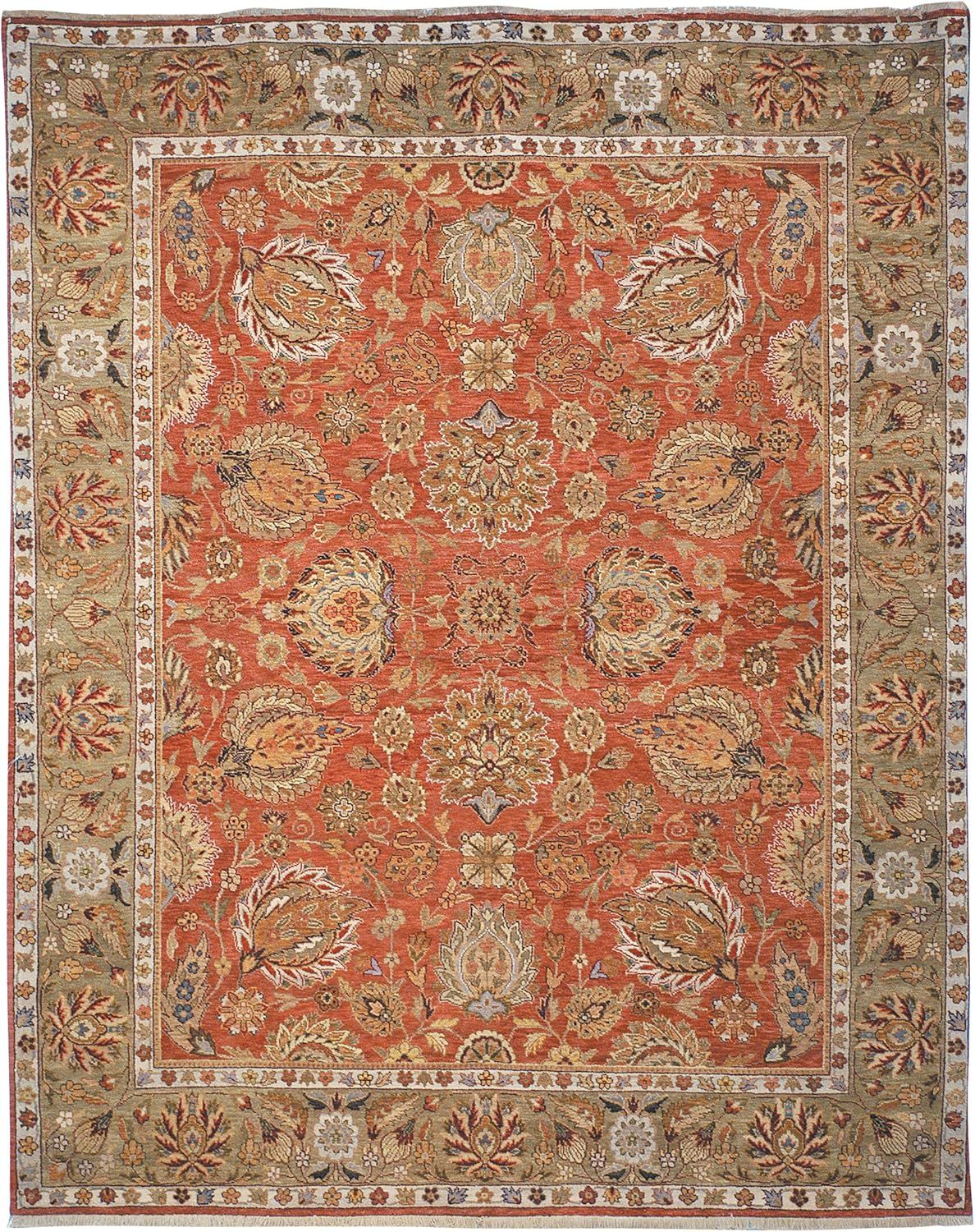 Handmade Copper and Green Wool Oriental 9' x 12' Rug