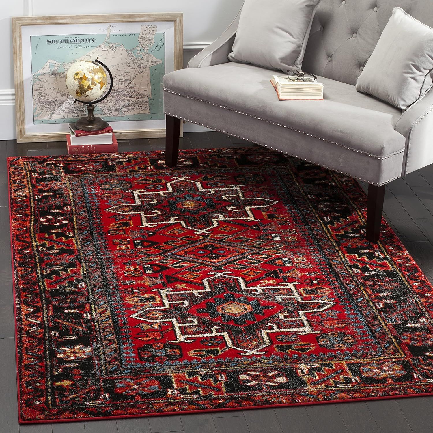 Red and Black Synthetic Rectangular 9' x 12' Area Rug