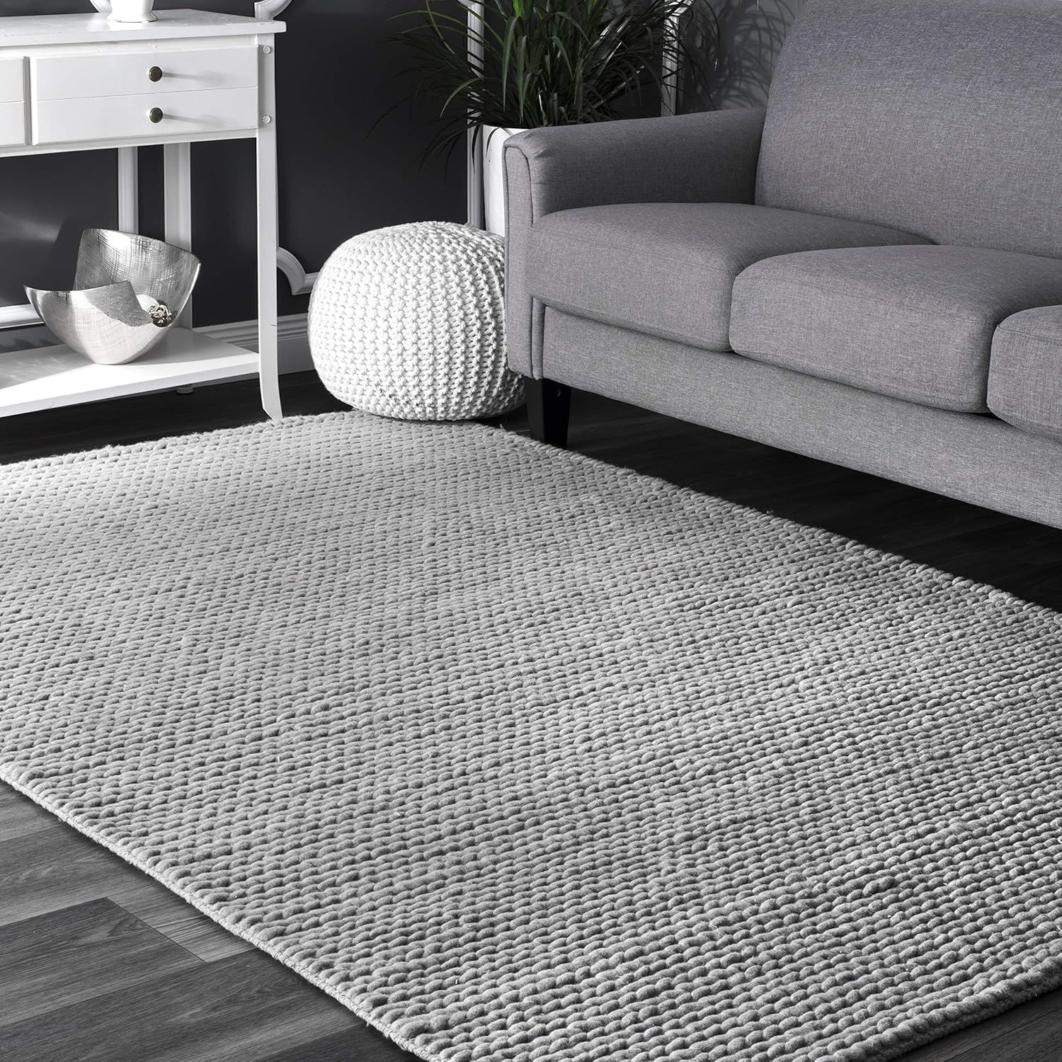 Hand-Tufted Braided Light Grey Wool Blend 3'x5' Area Rug