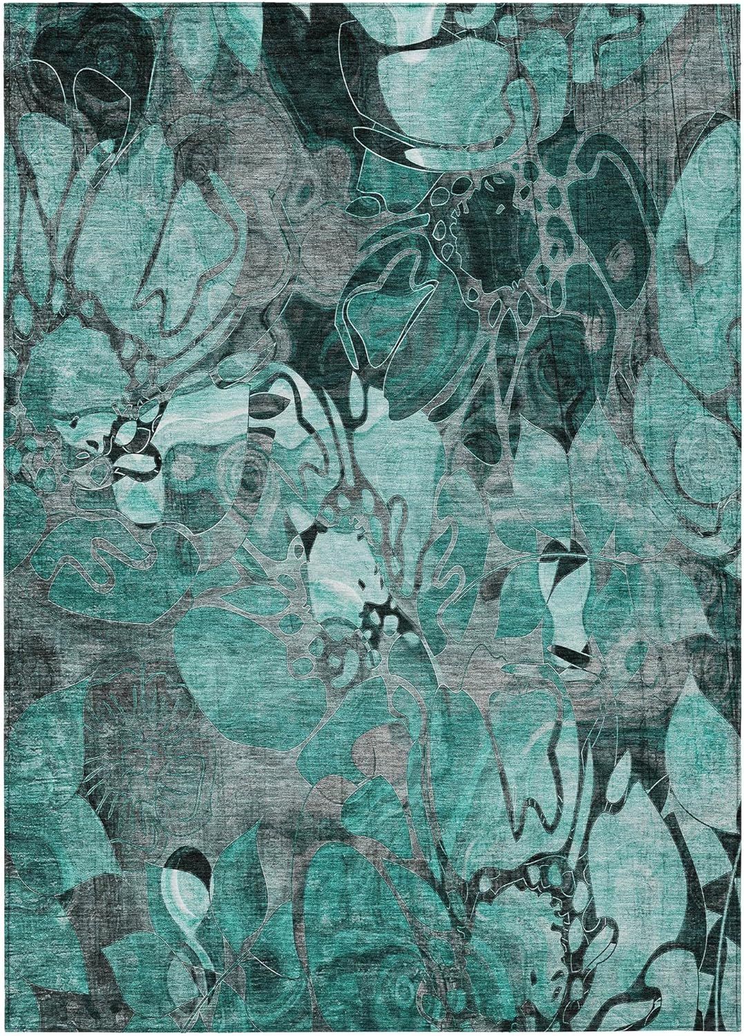 Teal and Gray Floral Indoor Outdoor Area Rug 5' x 7'6