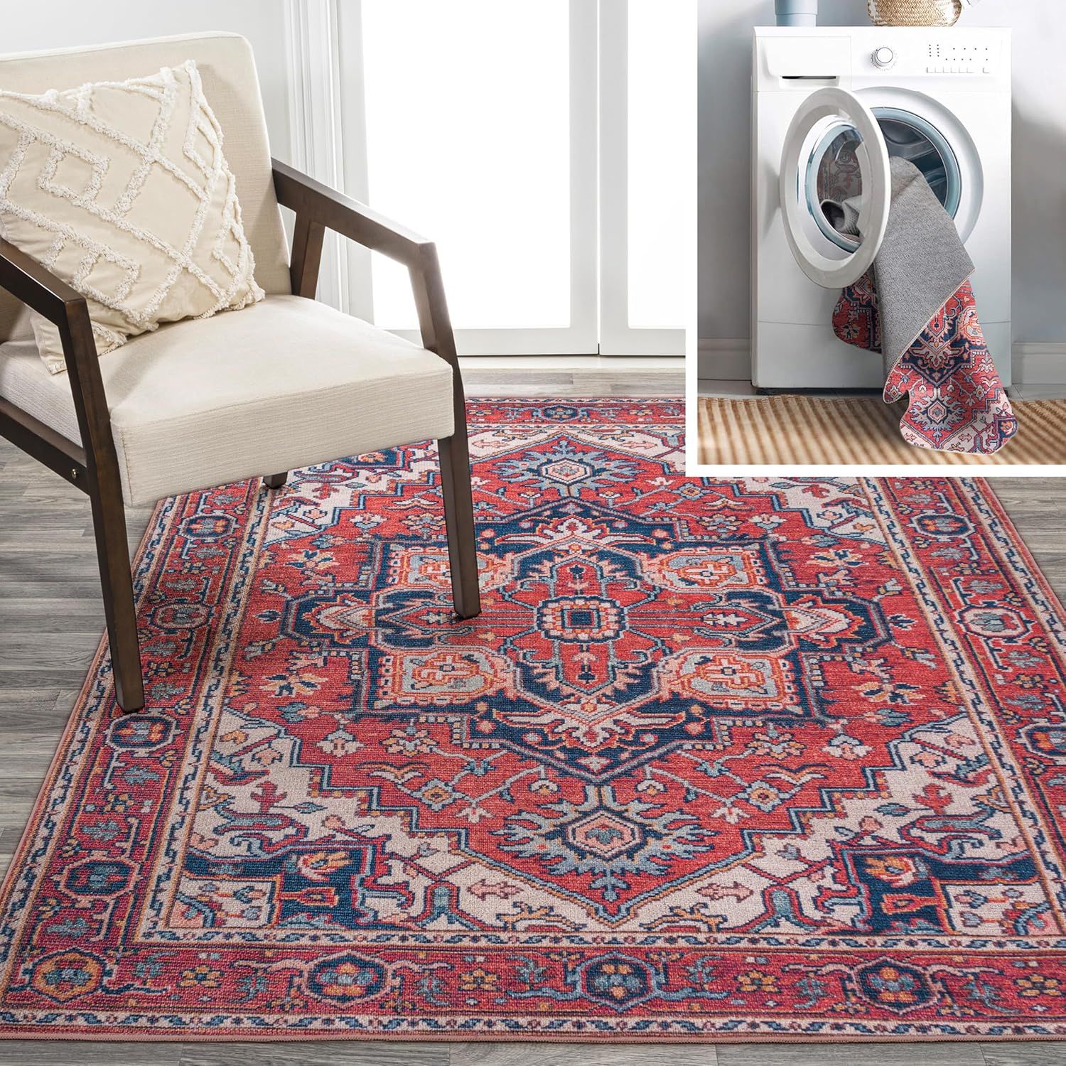 Bohemian Diamond Medallion 3x5 Red/Navy Easy-Care Area Rug