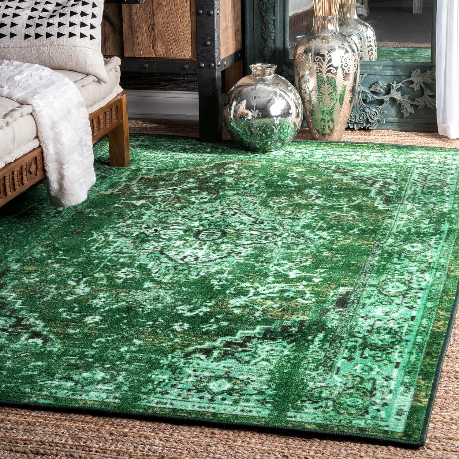 Green Synthetic Non-slip 9' x 12' Vintage Area Rug