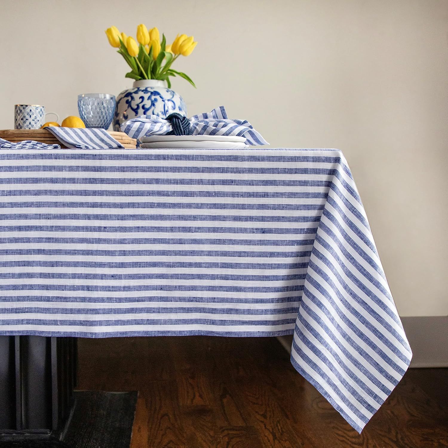 Navy and White Striped Linen Rectangular Tablecloth 60 x 90 Inch